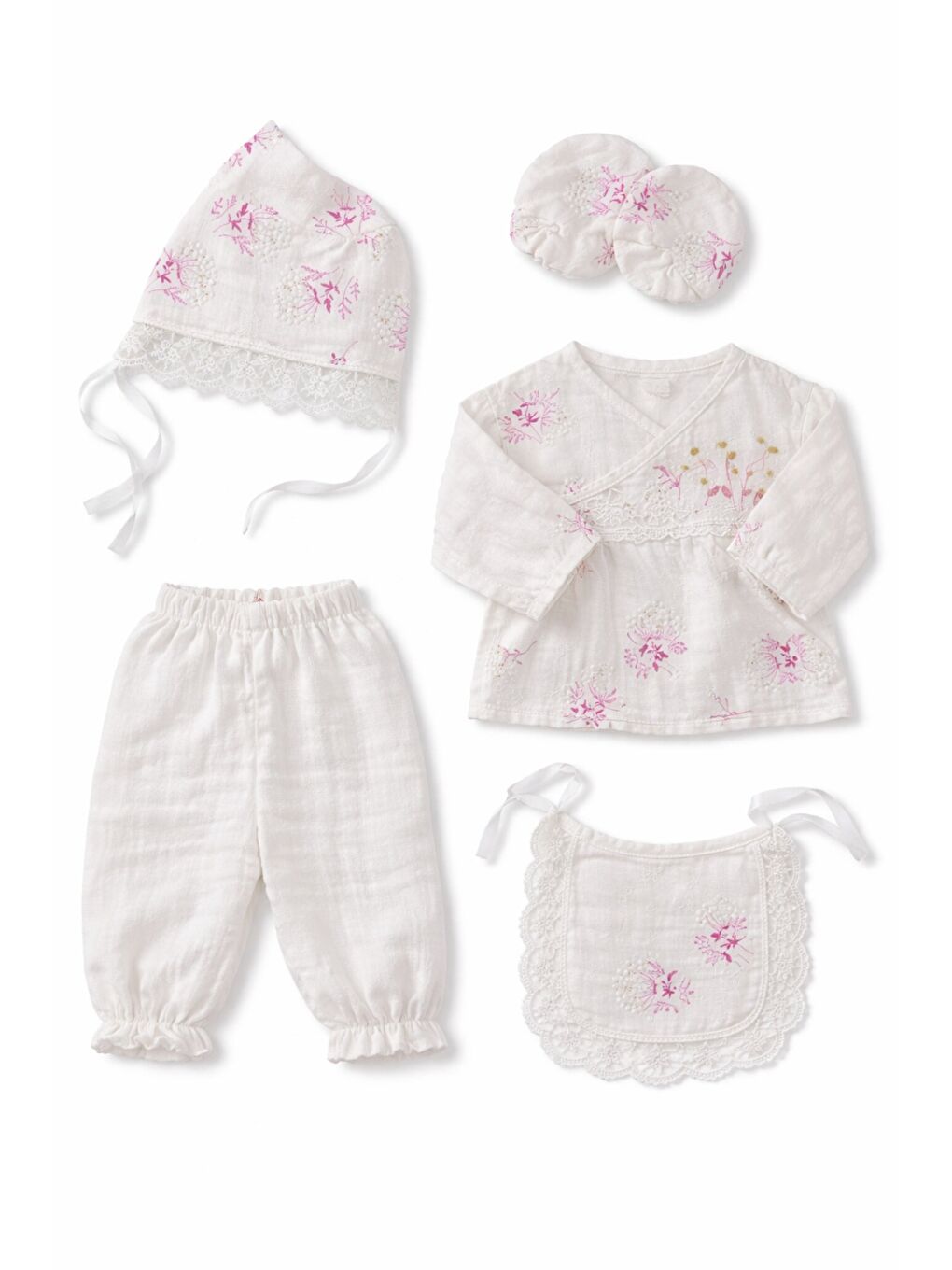 Beyaz Kız Bebek Organik Pamuk Çiçekli Müslin Kumaş 10lu Hastane Çıkış Seti Yenidoğan-4