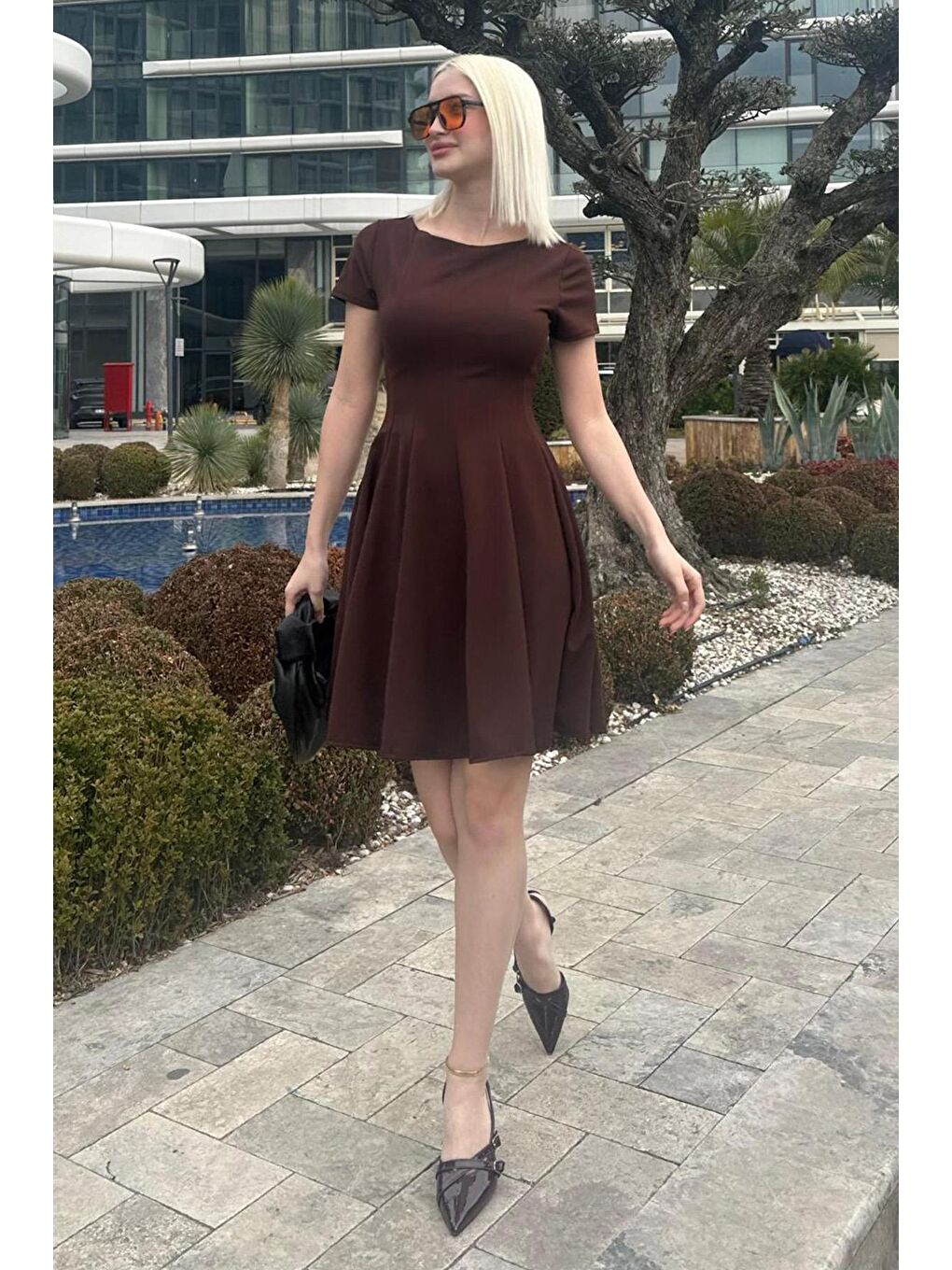 Kahverengi Godeli Mini Elbise Mg2326