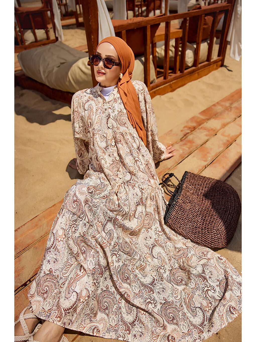 Kahverengi Kadın Cassime Desenli Elbise Açık Kahve