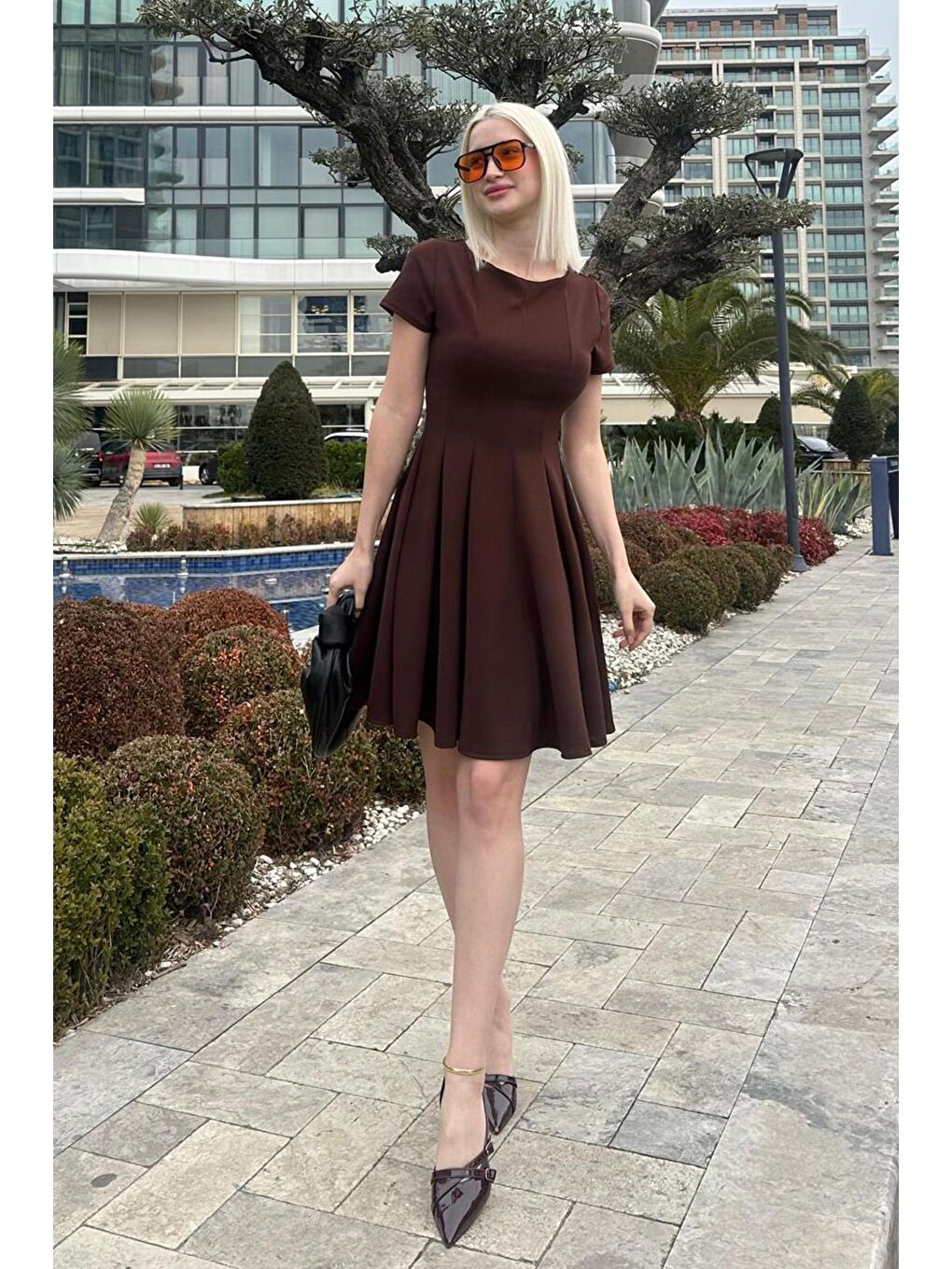 Kahverengi Godeli Mini Elbise Mg2326-1