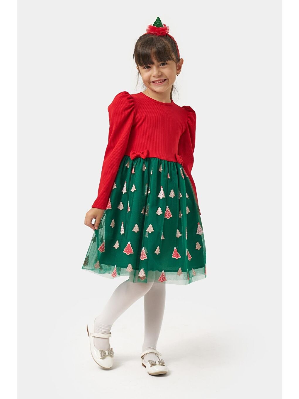 Karışık Kız Çocuk Pamuklu Kırmızı Üst Ve Yeşil Ağaç Desenli Tüllü Elbise - Yılbaşı Özel Koleksiyonu-2