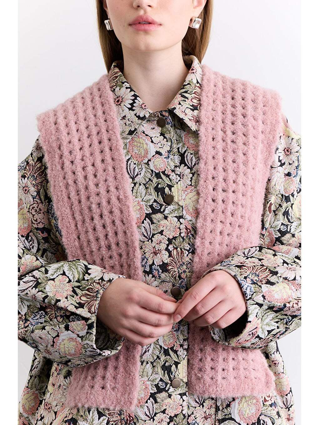 Soft Dokulu Yakalı Şal Pembe-1