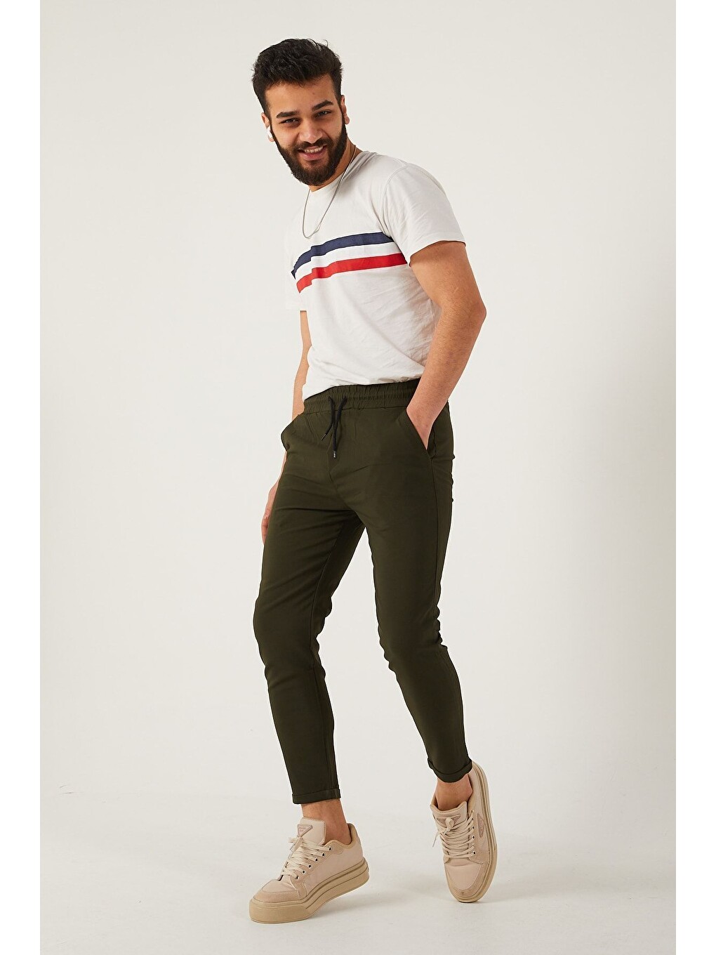 Haki Erkek Dar Kalıp Duble Paça Jogger Pantolon-3