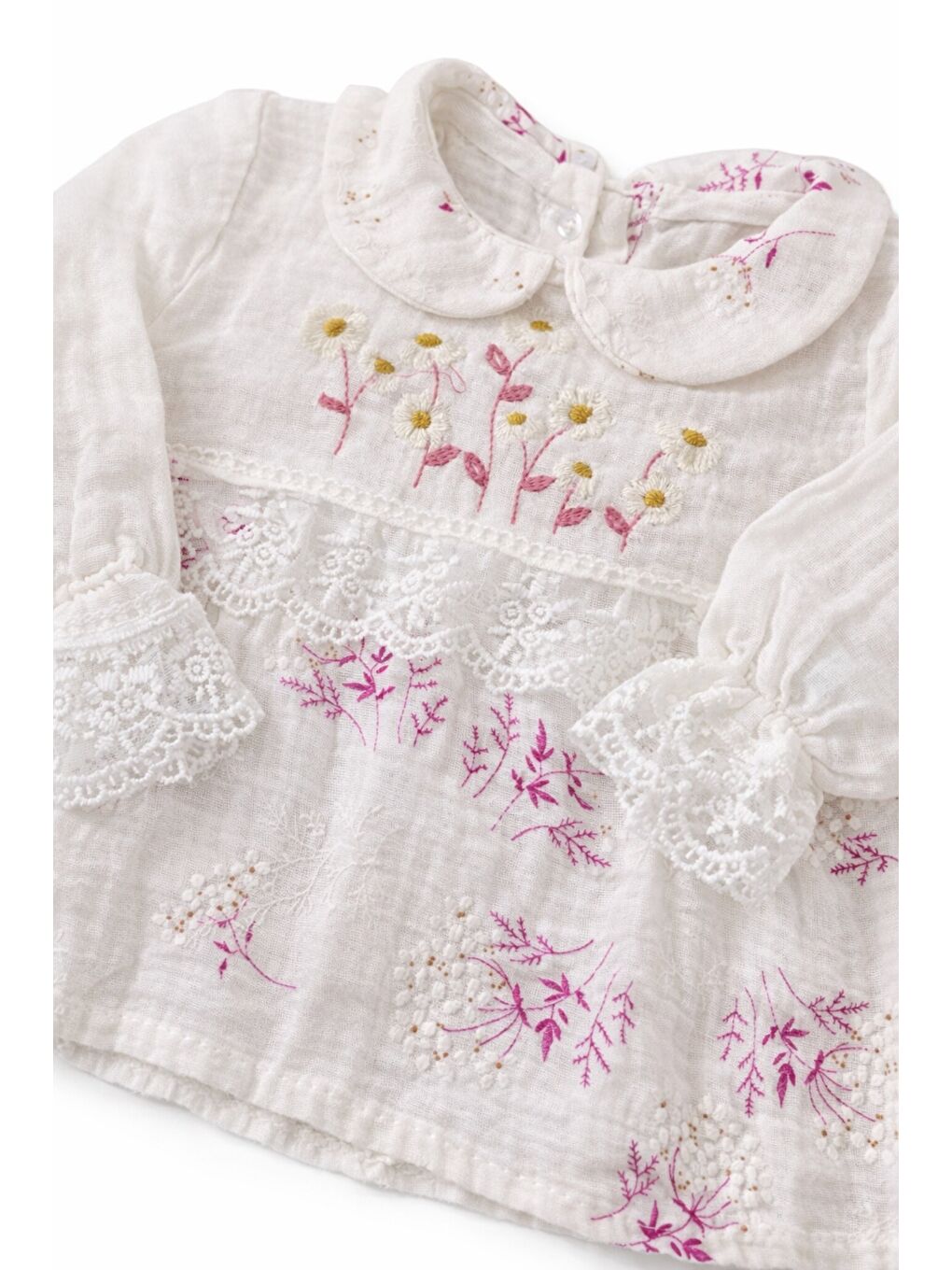 Beyaz Kız Bebek Organik Pamuk Çiçekli Müslin Kumaş 10lu Hastane Çıkış Seti Yenidoğan-5