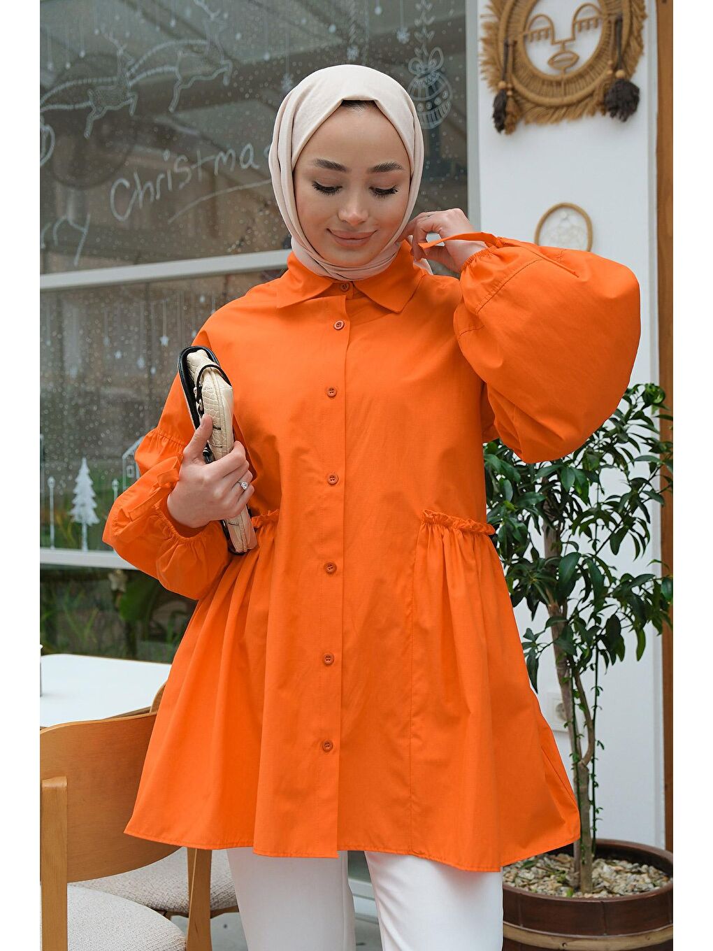 Kol Bağlamalı Bel Fırfır Detay Gömlek Turuncu-1