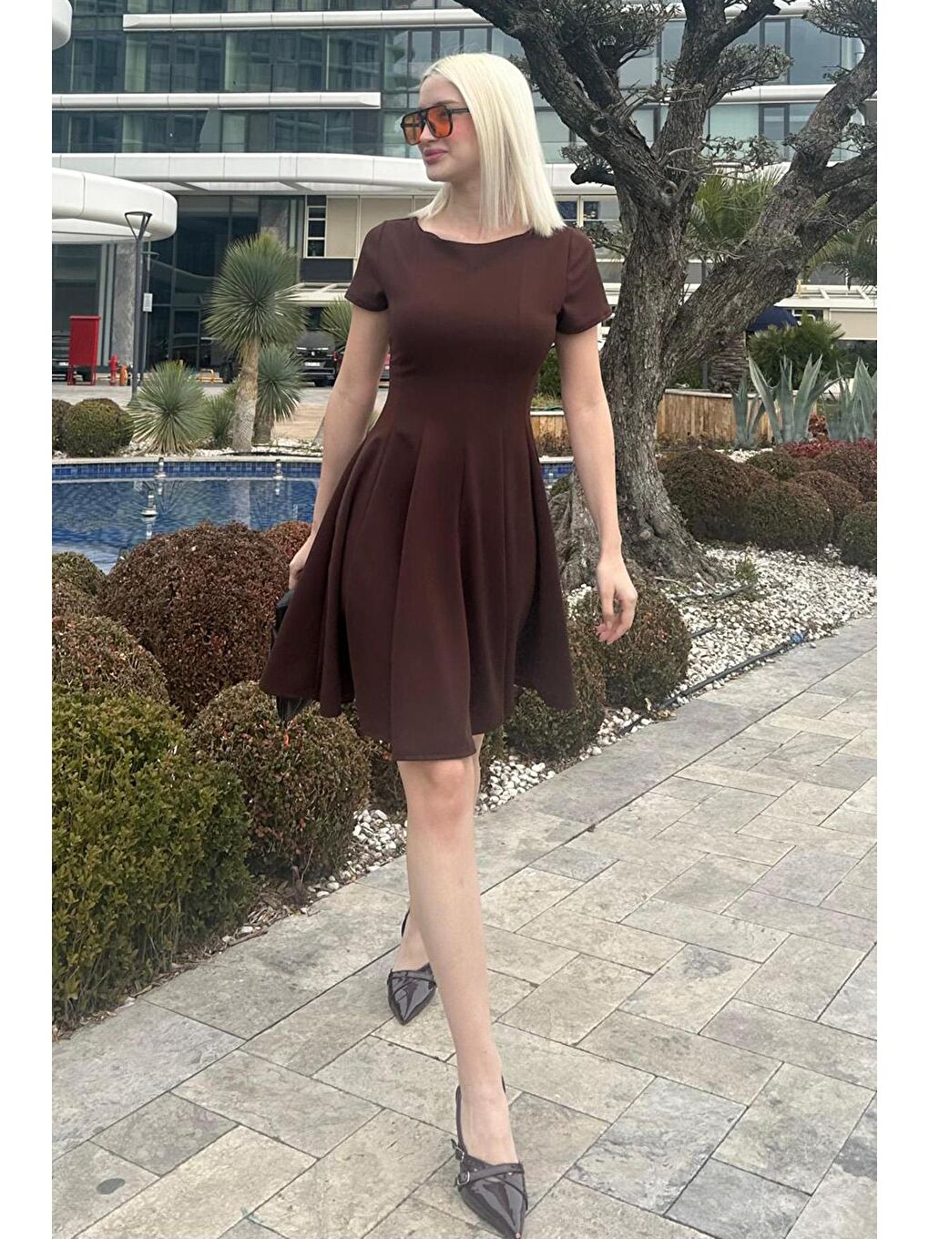 Kahverengi Godeli Mini Elbise Mg2326-2