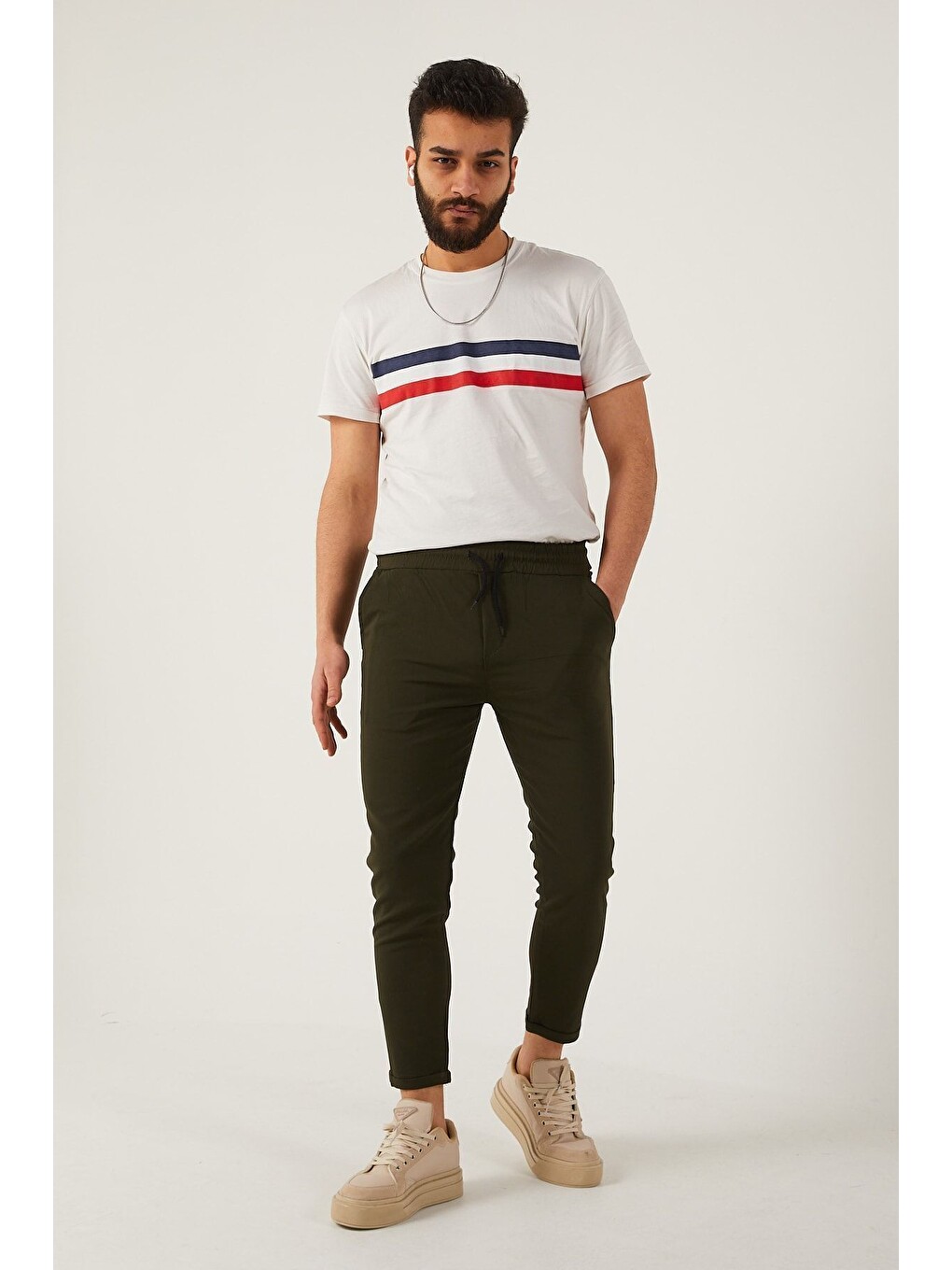 Haki Erkek Dar Kalıp Duble Paça Jogger Pantolon-4