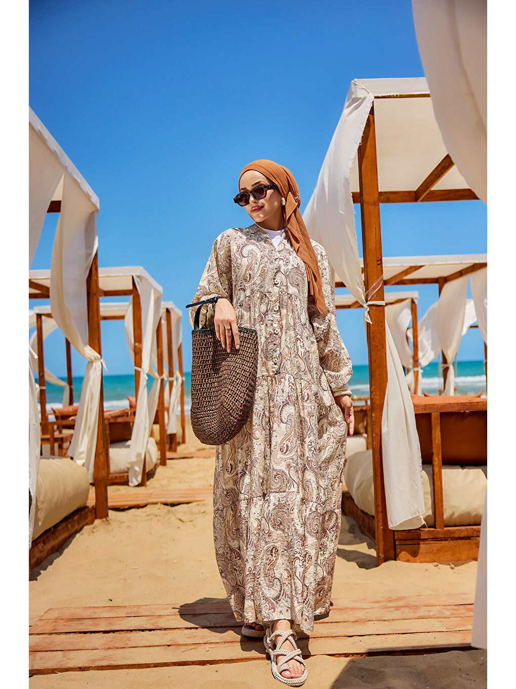 Kahverengi Kadın Cassime Desenli Elbise Açık Kahve-1