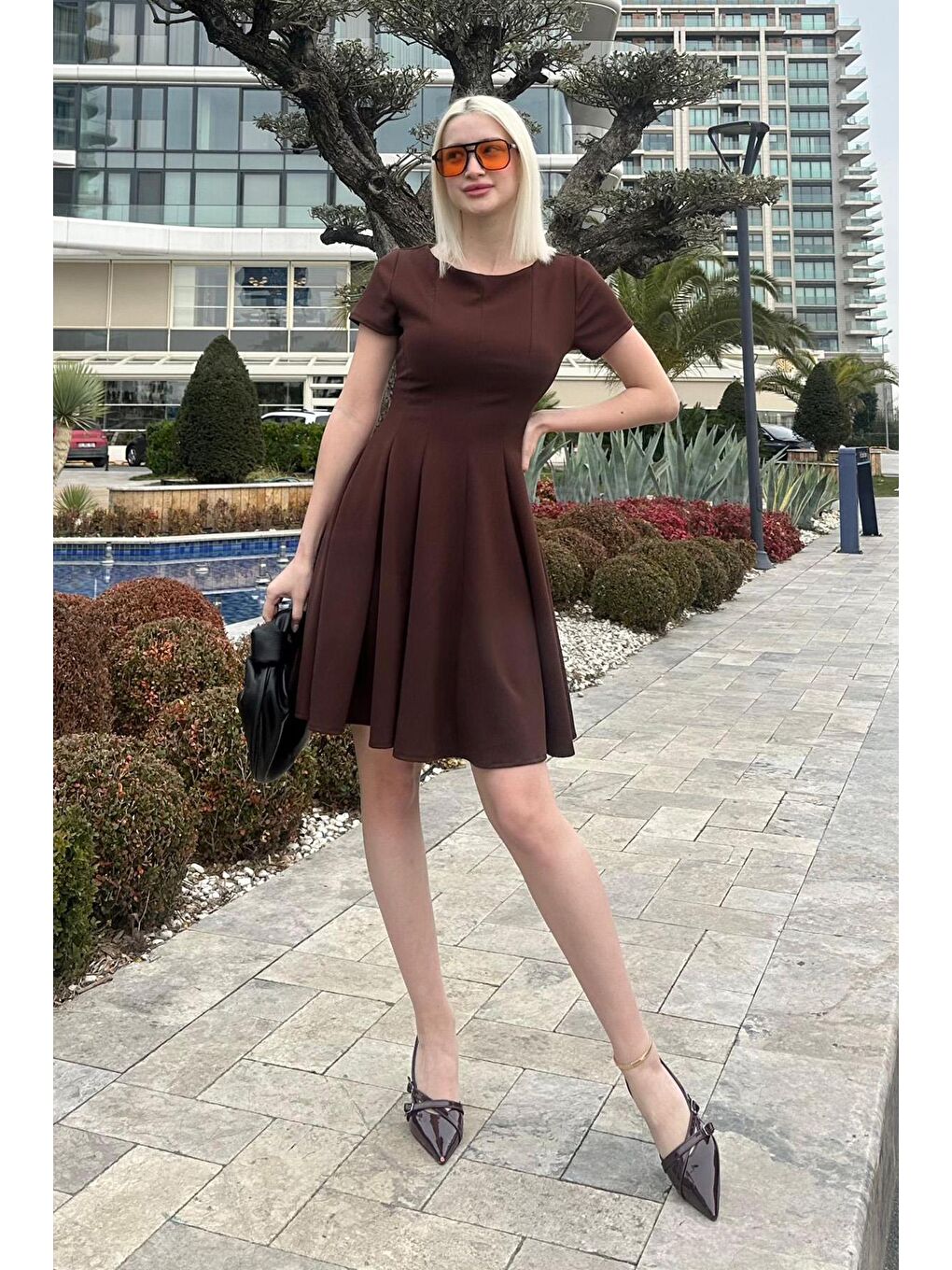 Kahverengi Godeli Mini Elbise Mg2326-3