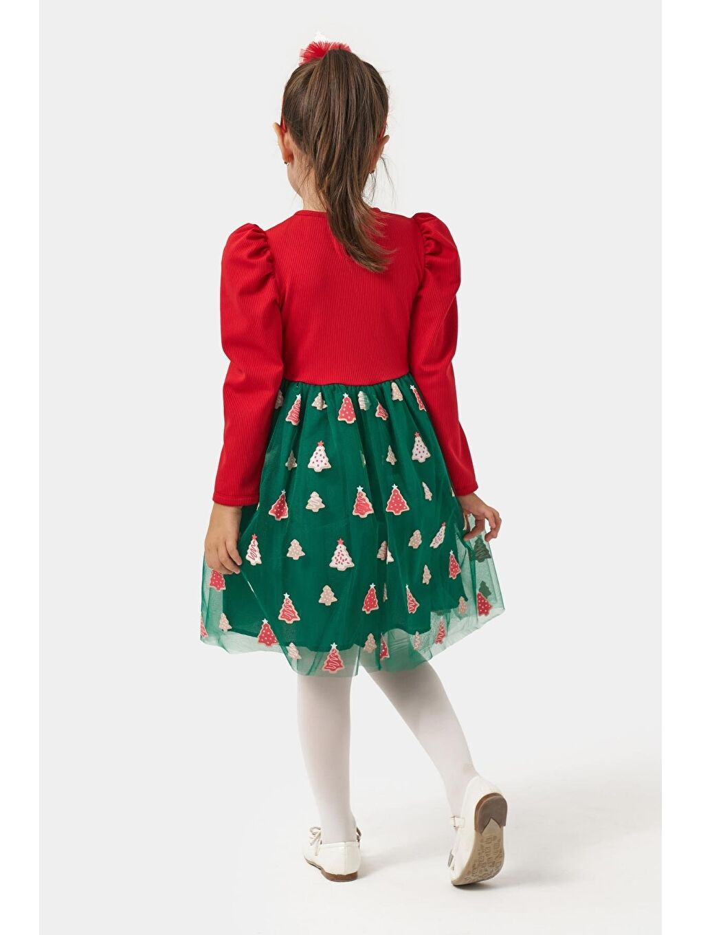 Karışık Kız Çocuk Pamuklu Kırmızı Üst Ve Yeşil Ağaç Desenli Tüllü Elbise - Yılbaşı Özel Koleksiyonu-3