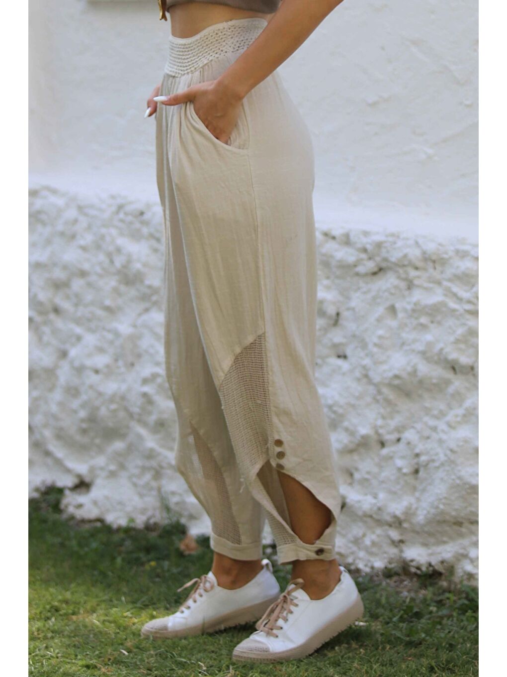 Bej Cepli File Detaylı Yıkamalı Dokuma Lastikli Bel Jogger Paça Casual Pantolon