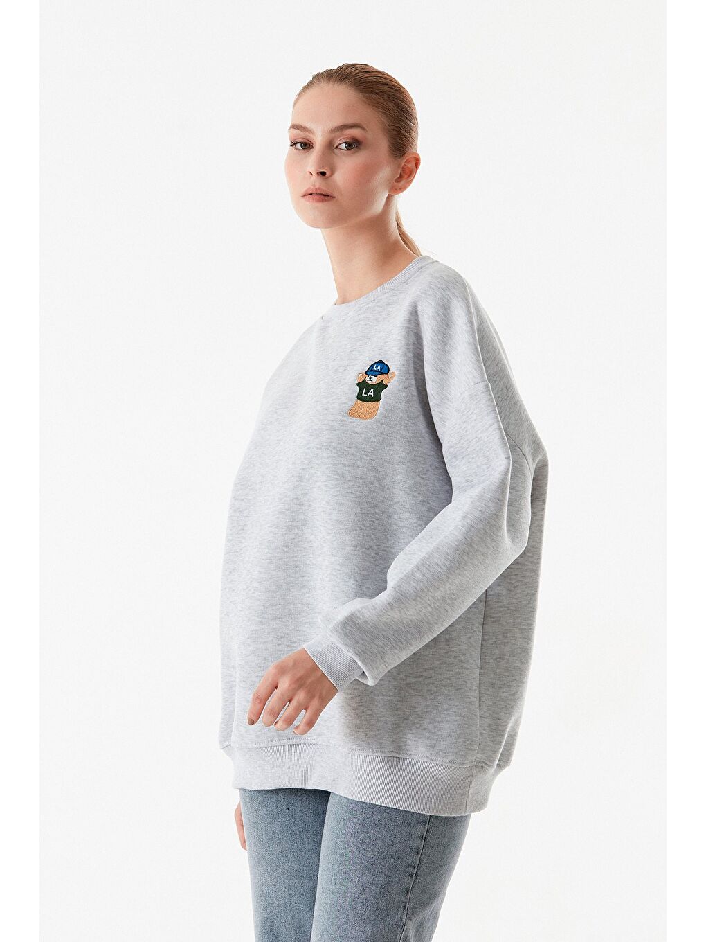 Fullamoda Gri 3 İplik Ayıcık Nakışlı Bisiklet Yaka Oversize Sweatshirt - 2