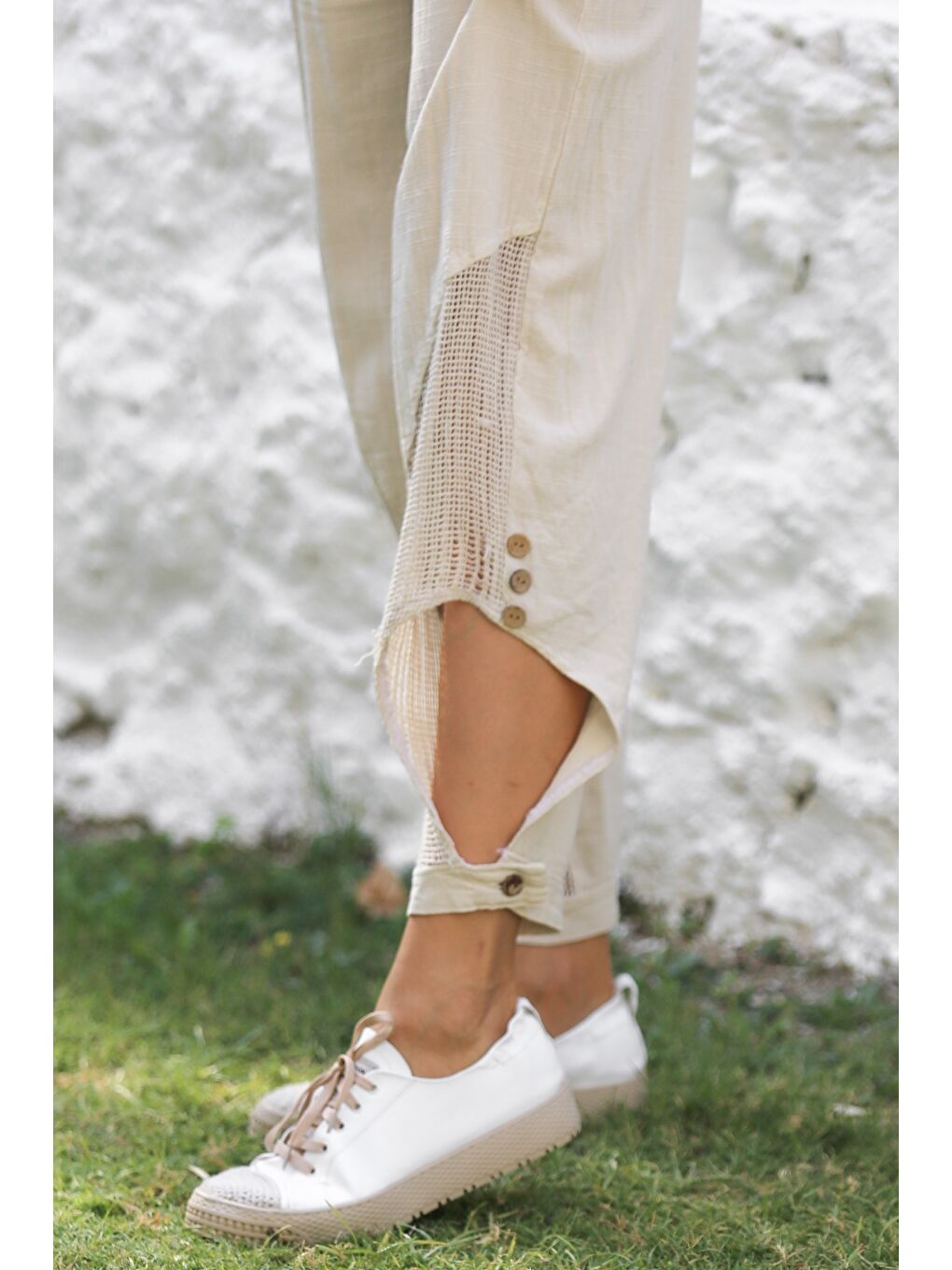 Bej Cepli File Detaylı Yıkamalı Dokuma Lastikli Bel Jogger Paça Casual Pantolon-1