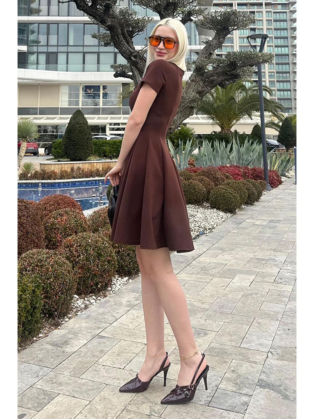 Kahverengi Godeli Mini Elbise Mg2326-4