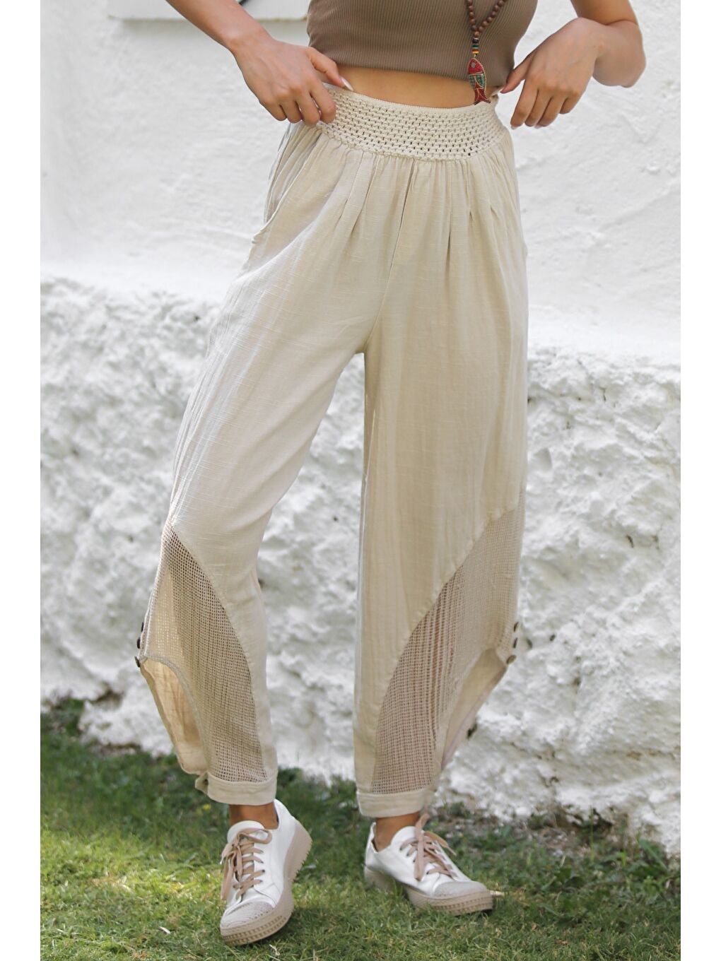 Bej Cepli File Detaylı Yıkamalı Dokuma Lastikli Bel Jogger Paça Casual Pantolon-2
