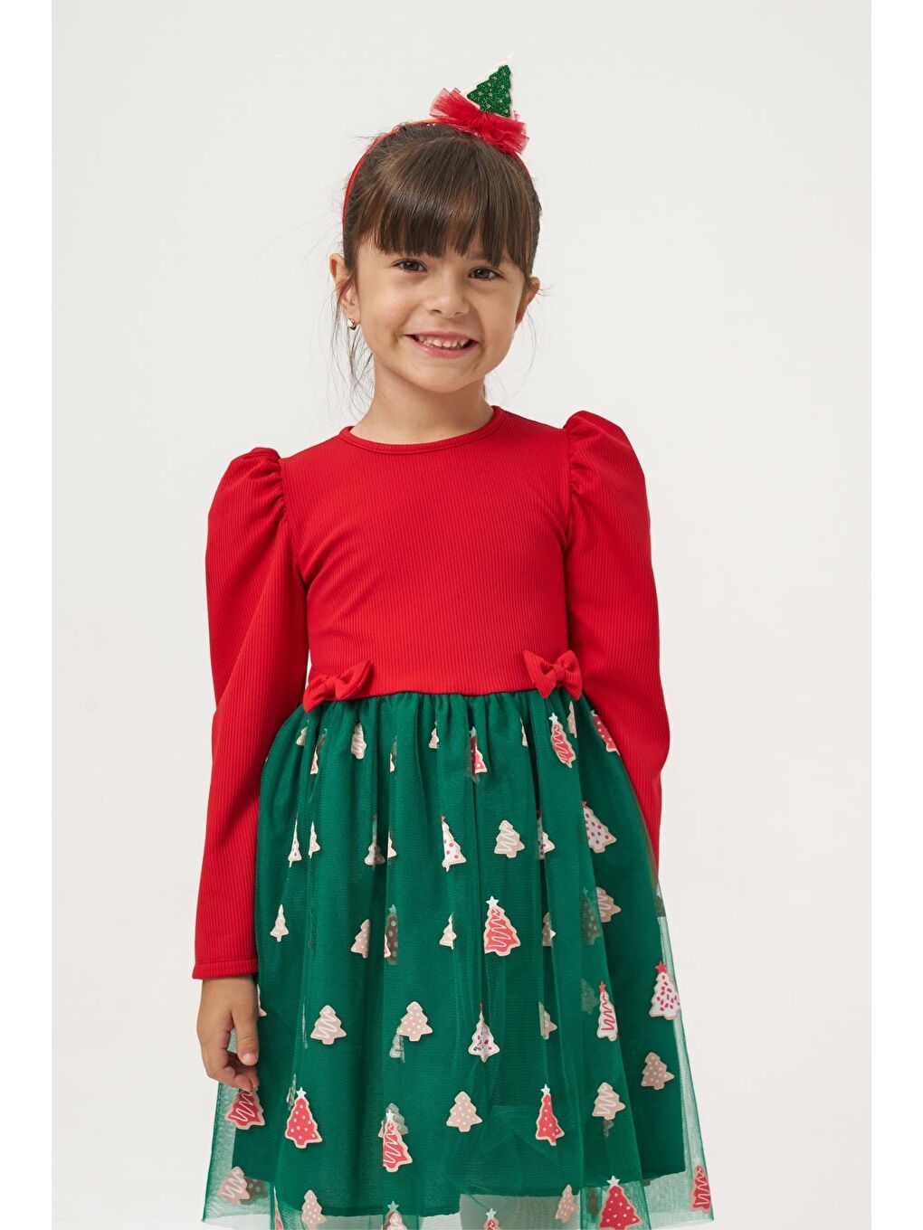 Karışık Kız Çocuk Pamuklu Kırmızı Üst Ve Yeşil Ağaç Desenli Tüllü Elbise - Yılbaşı Özel Koleksiyonu-4
