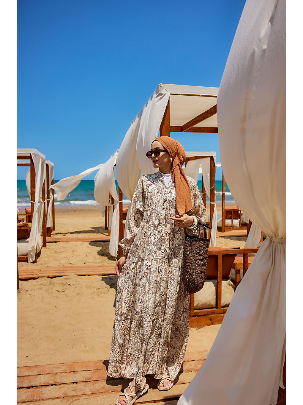 Kahverengi Kadın Cassime Desenli Elbise Açık Kahve-2