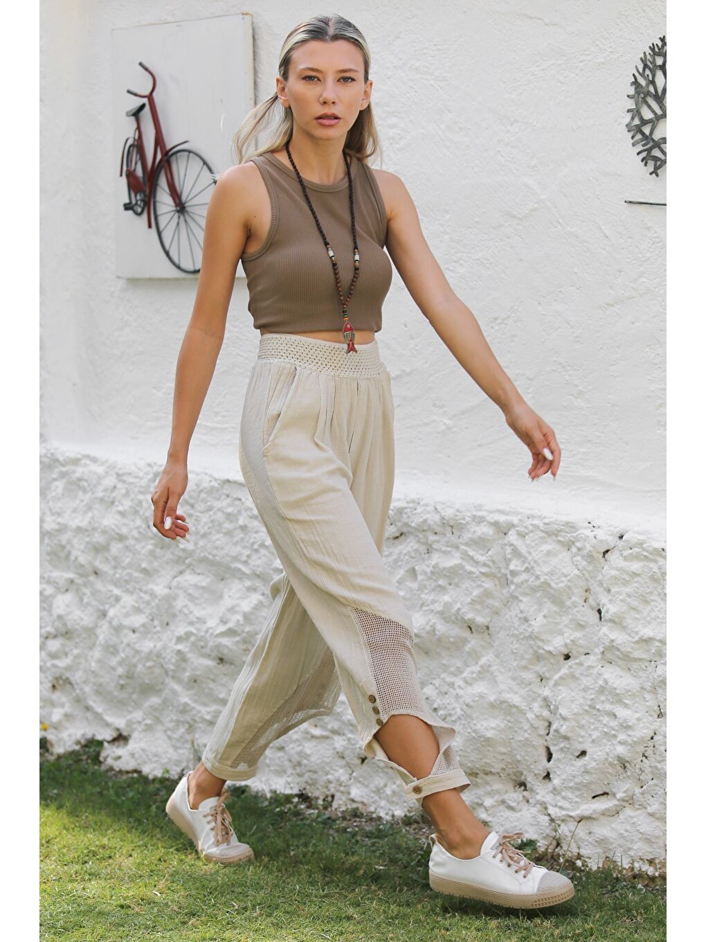 Bej Cepli File Detaylı Yıkamalı Dokuma Lastikli Bel Jogger Paça Casual Pantolon-3