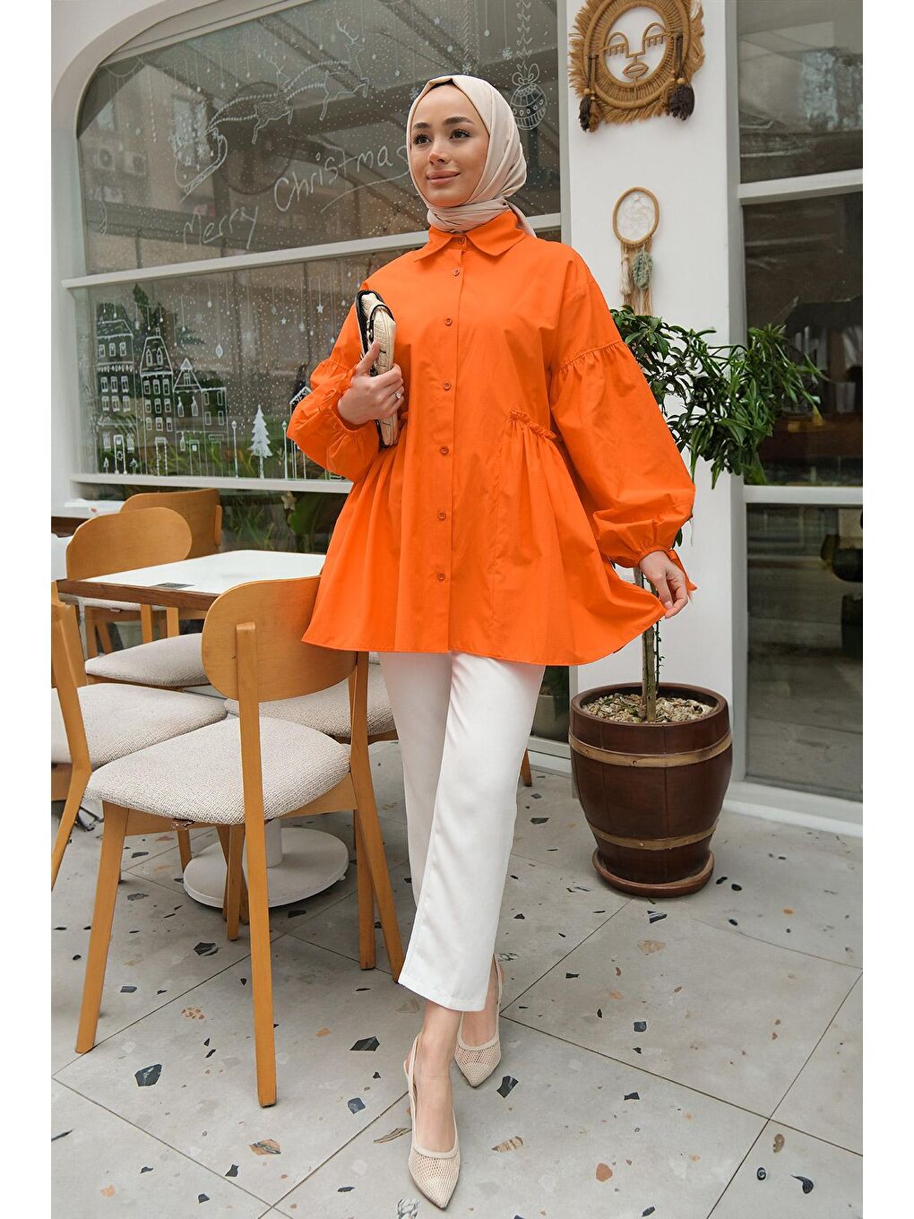 Kol Bağlamalı Bel Fırfır Detay Gömlek Turuncu-2