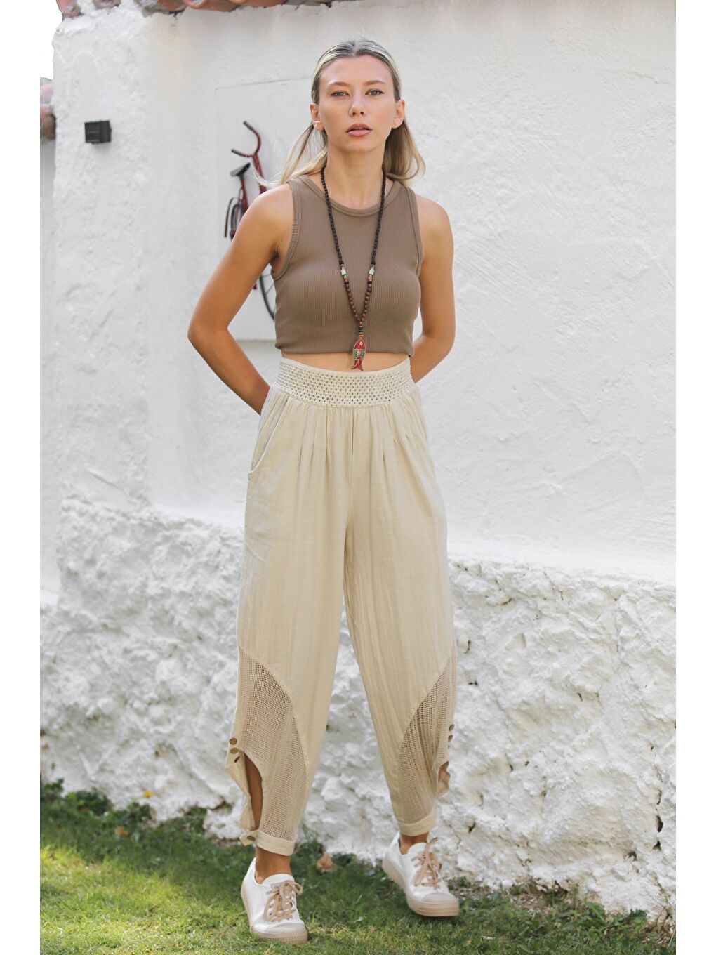 Bej Cepli File Detaylı Yıkamalı Dokuma Lastikli Bel Jogger Paça Casual Pantolon-4
