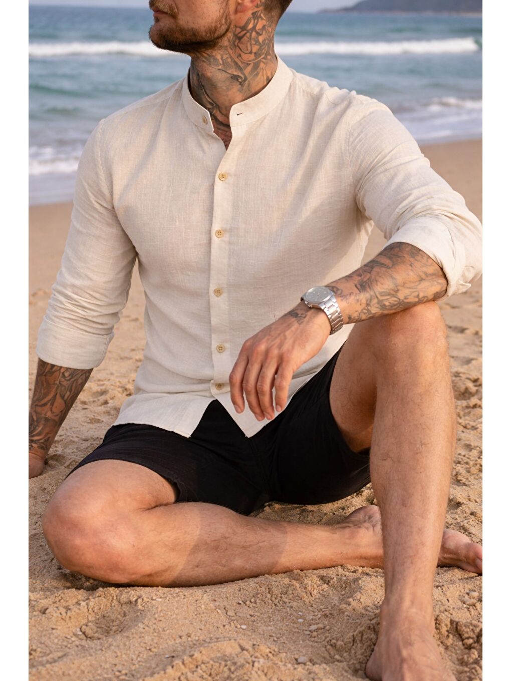 Bej Erkek Regular Hakim Yaka Keten Görünümlü Gömlek-1