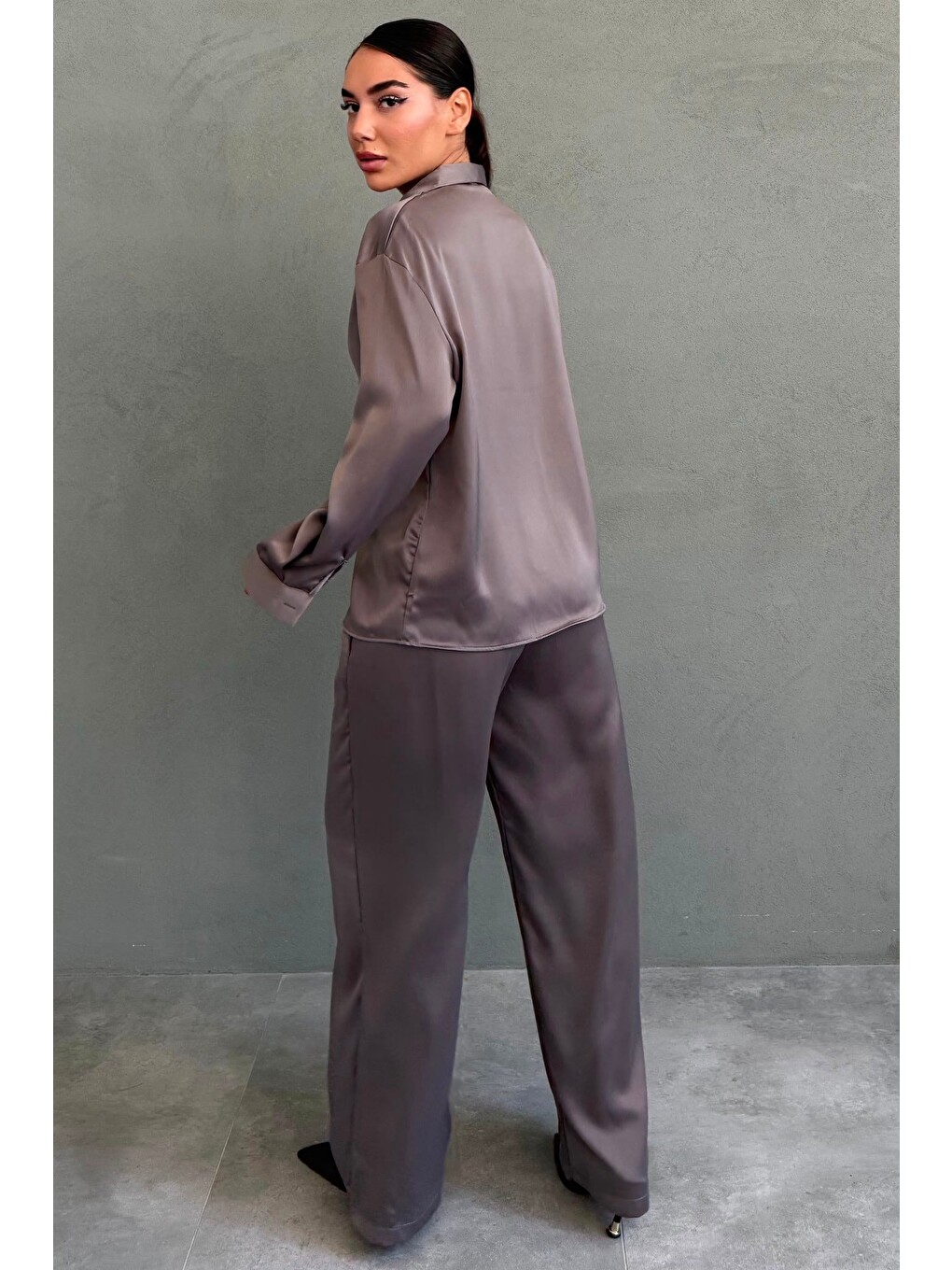 Kahverengi Saten Gömlek Pantolon Takım Mg2745-5