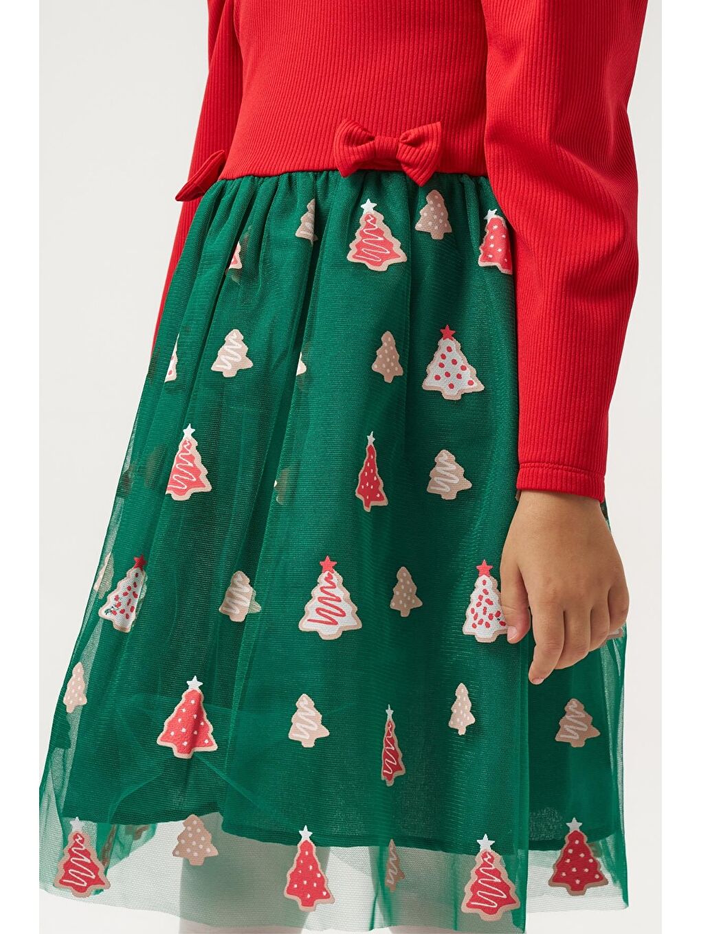 Karışık Kız Çocuk Pamuklu Kırmızı Üst Ve Yeşil Ağaç Desenli Tüllü Elbise - Yılbaşı Özel Koleksiyonu-5