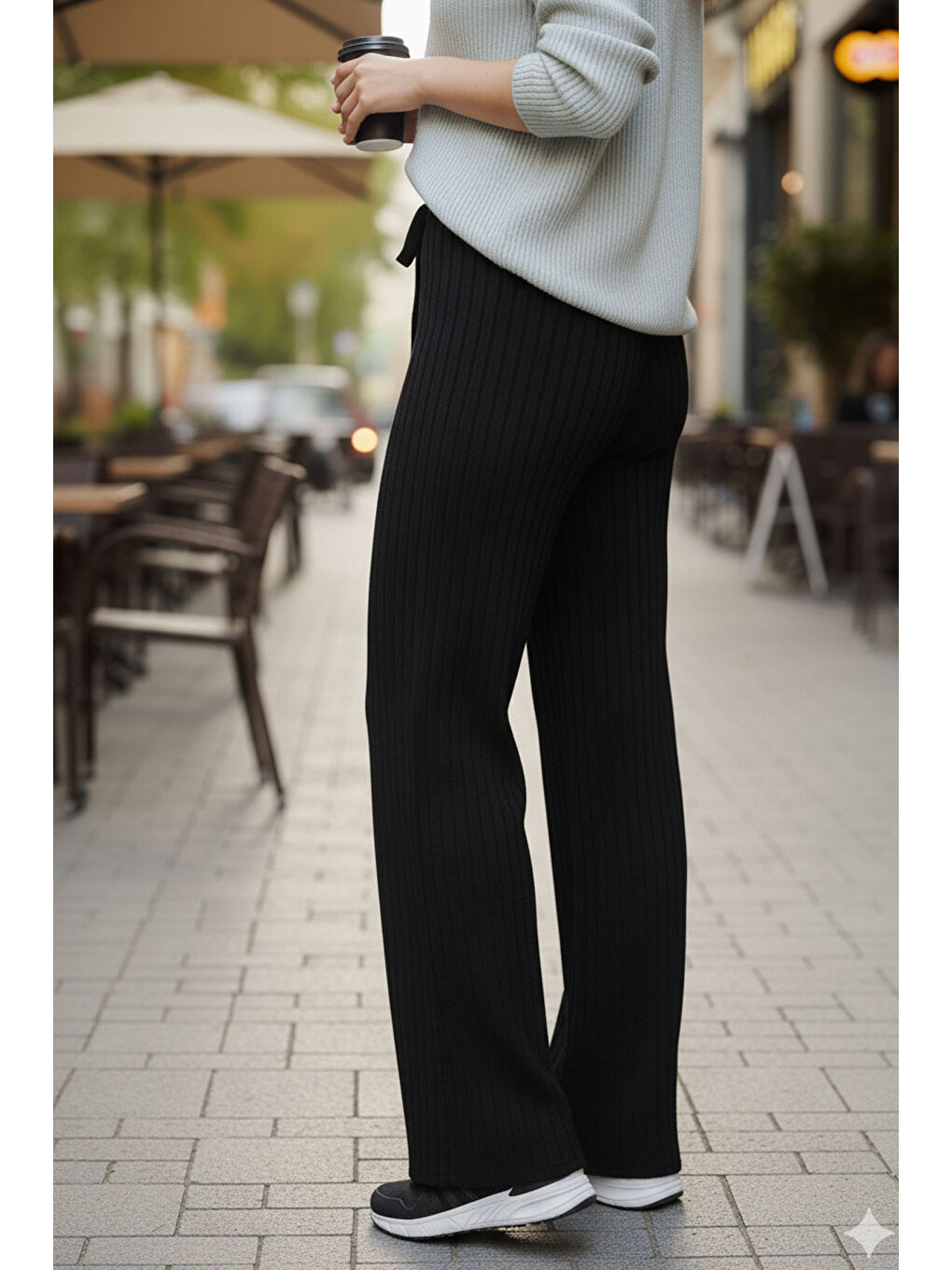 Siyah Fitilli Modal Bol Paça Yüksek Bel Yumuşak Dokulu Beli Lastikli Elastanlı Pantolon-1