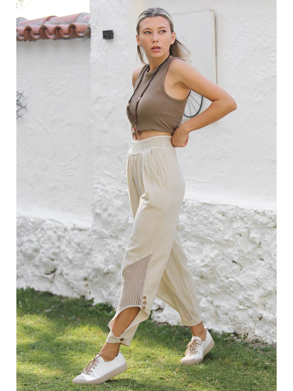 Bej Cepli File Detaylı Yıkamalı Dokuma Lastikli Bel Jogger Paça Casual Pantolon-5