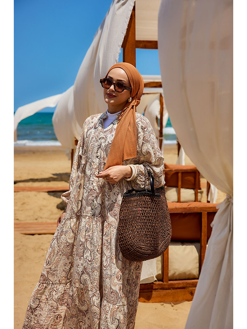 Kahverengi Kadın Cassime Desenli Elbise Açık Kahve-3