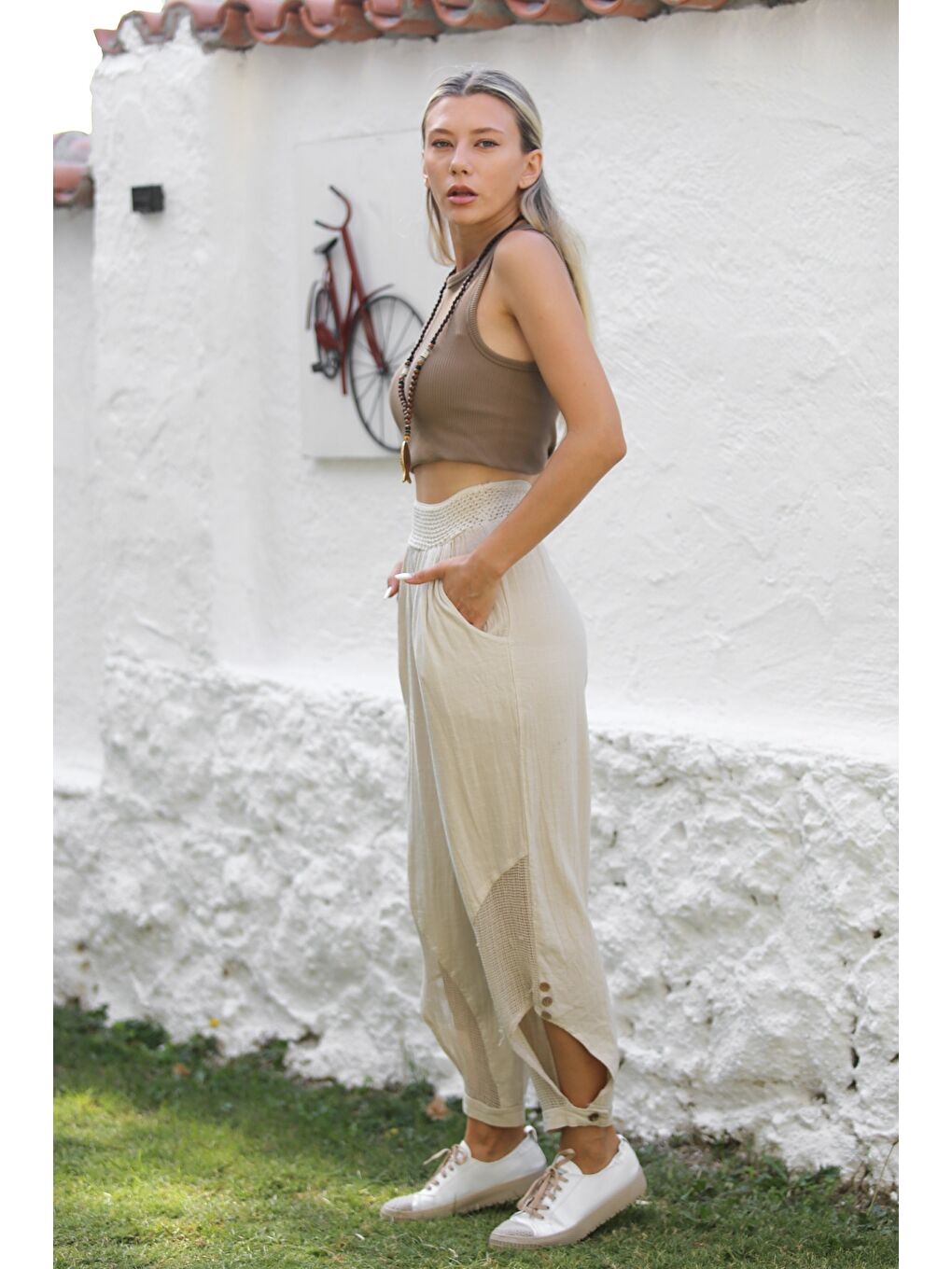 Bej Cepli File Detaylı Yıkamalı Dokuma Lastikli Bel Jogger Paça Casual Pantolon-6