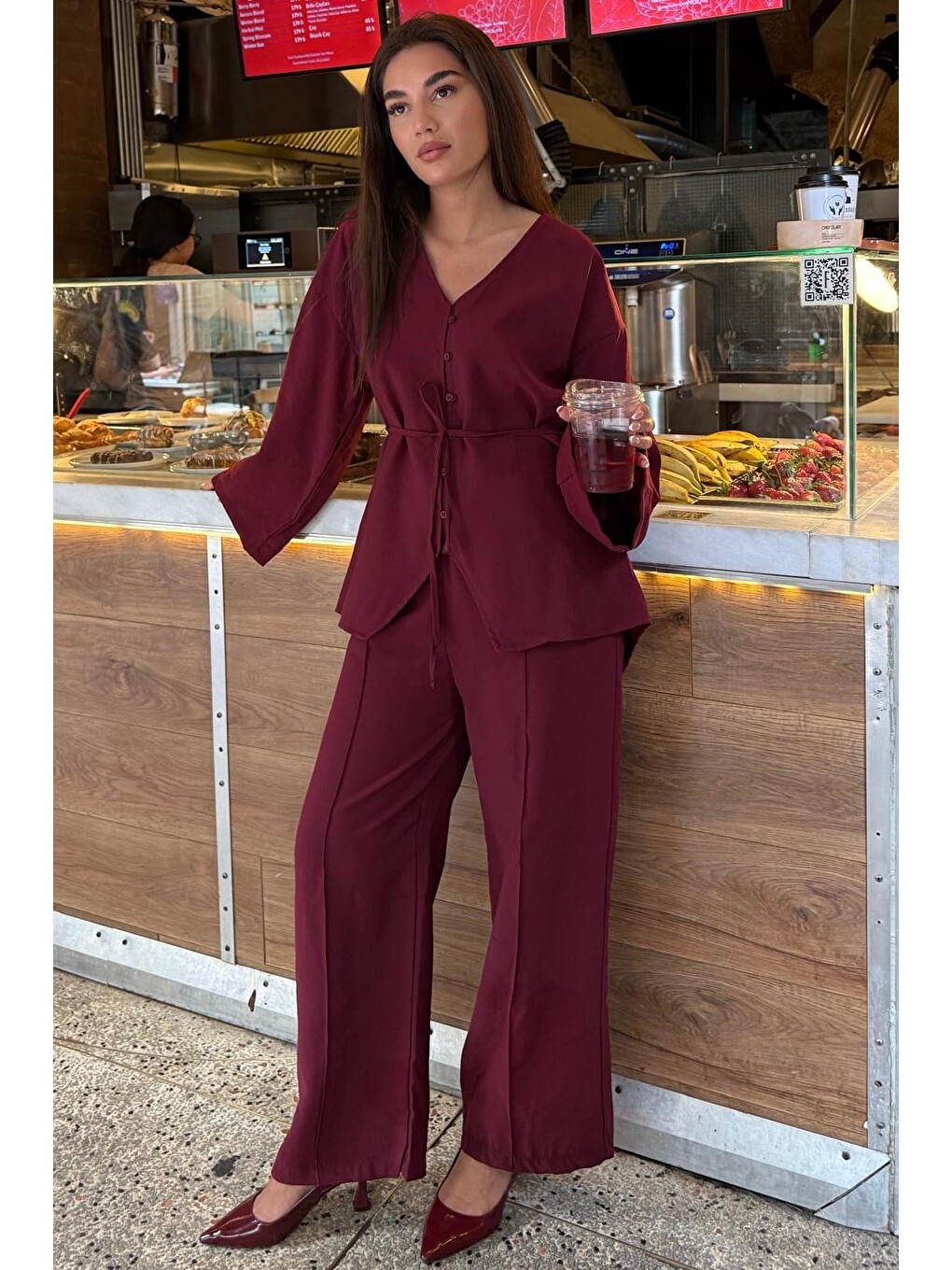 Bordo V Yaka Düğmeli Kuşaklı İkili Modal Kadın Takım Mg2619