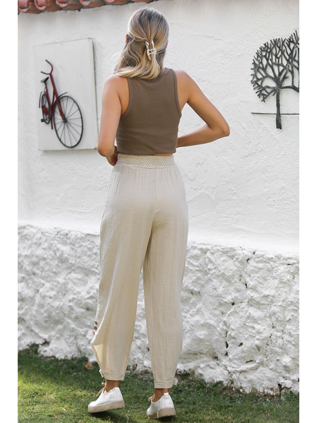 Bej Cepli File Detaylı Yıkamalı Dokuma Lastikli Bel Jogger Paça Casual Pantolon-7