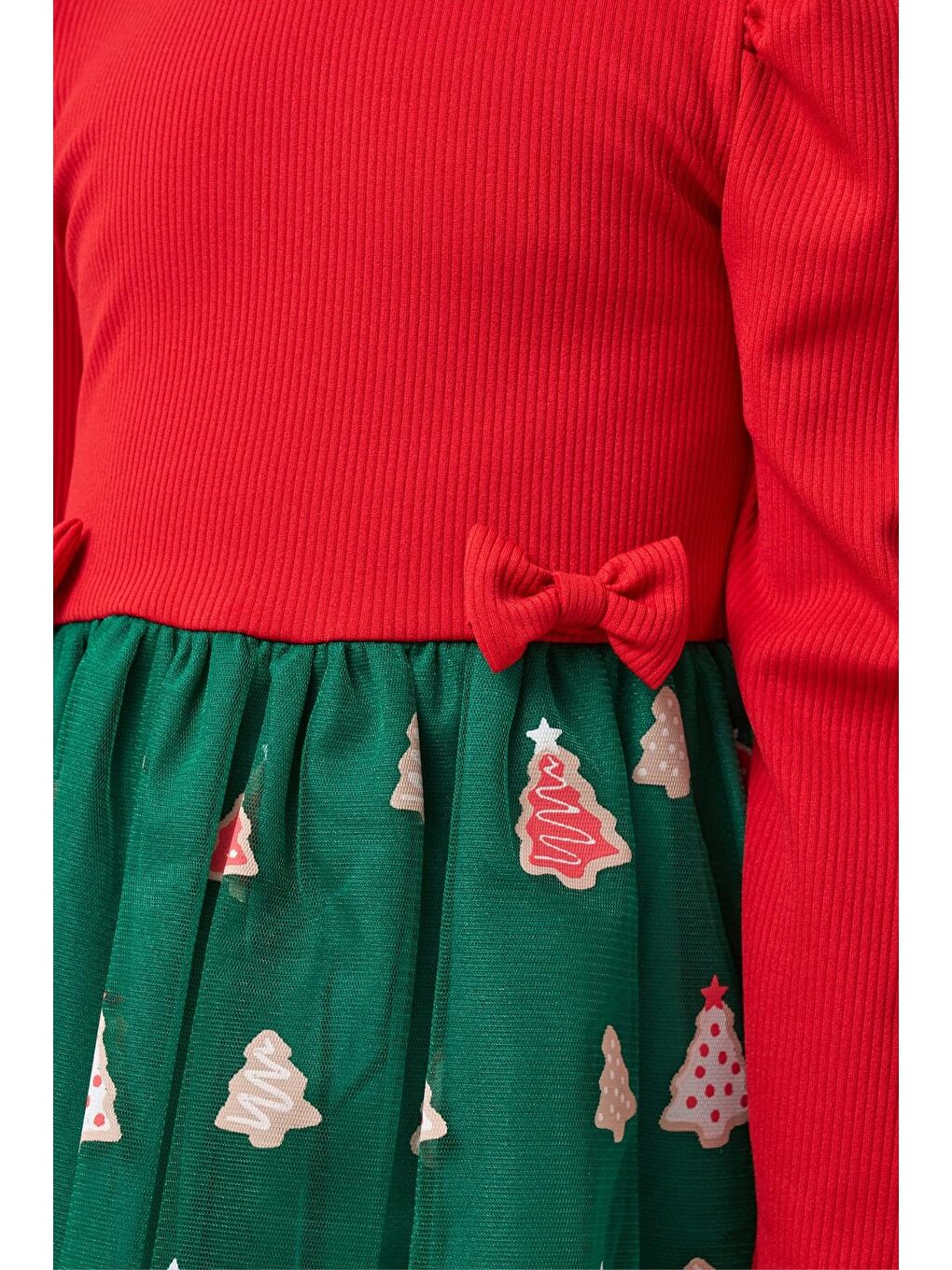 Karışık Kız Çocuk Pamuklu Kırmızı Üst Ve Yeşil Ağaç Desenli Tüllü Elbise - Yılbaşı Özel Koleksiyonu-6