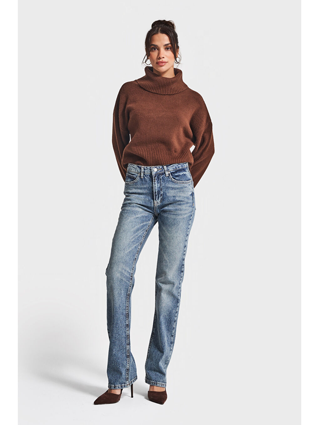 Kadın Kahverengi w5-16 Balıkçı Yaka Bol Kesim Örme Triko Kazak-2