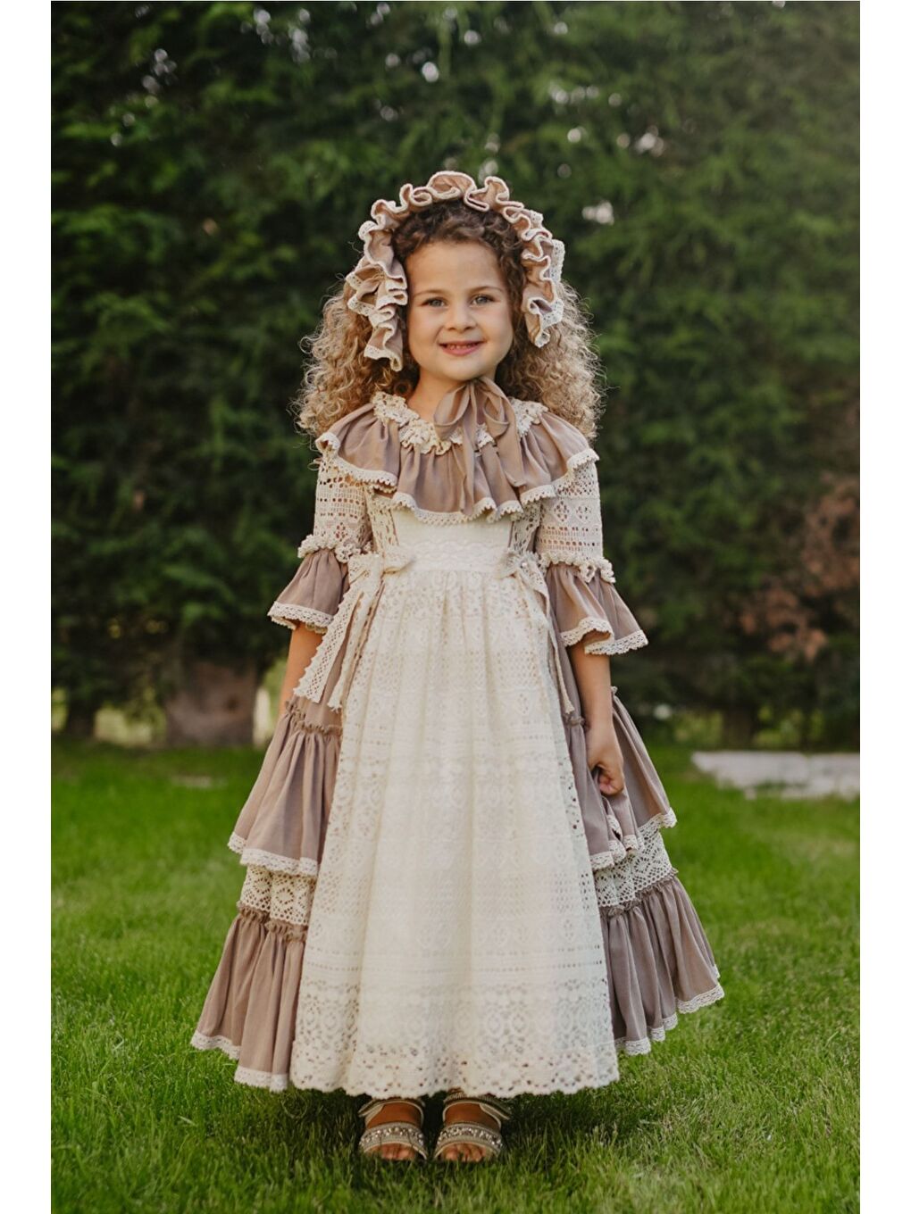Bej Doğum Günü Kız Çocuk Saç Aksesuarlı Vintage Elbise-2