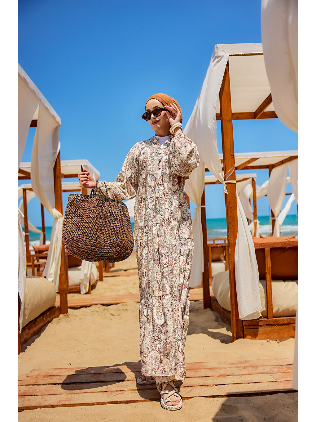 Kahverengi Kadın Cassime Desenli Elbise Açık Kahve-4