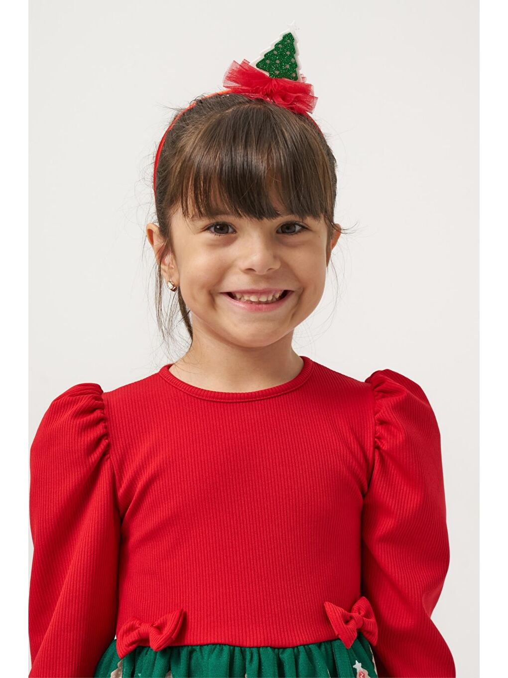 Karışık Kız Çocuk Pamuklu Kırmızı Üst Ve Yeşil Ağaç Desenli Tüllü Elbise - Yılbaşı Özel Koleksiyonu-7