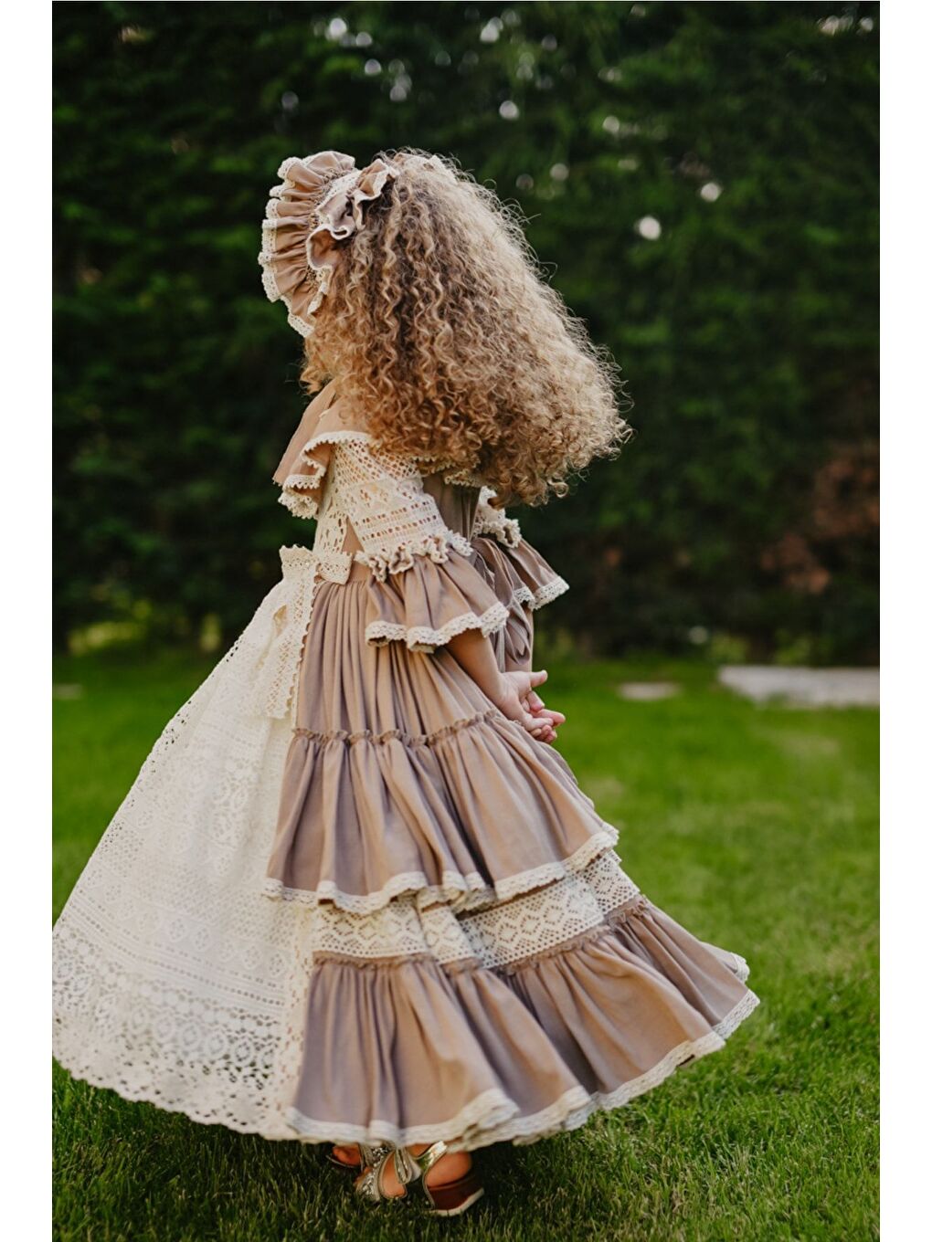 Bej Doğum Günü Kız Çocuk Saç Aksesuarlı Vintage Elbise-6