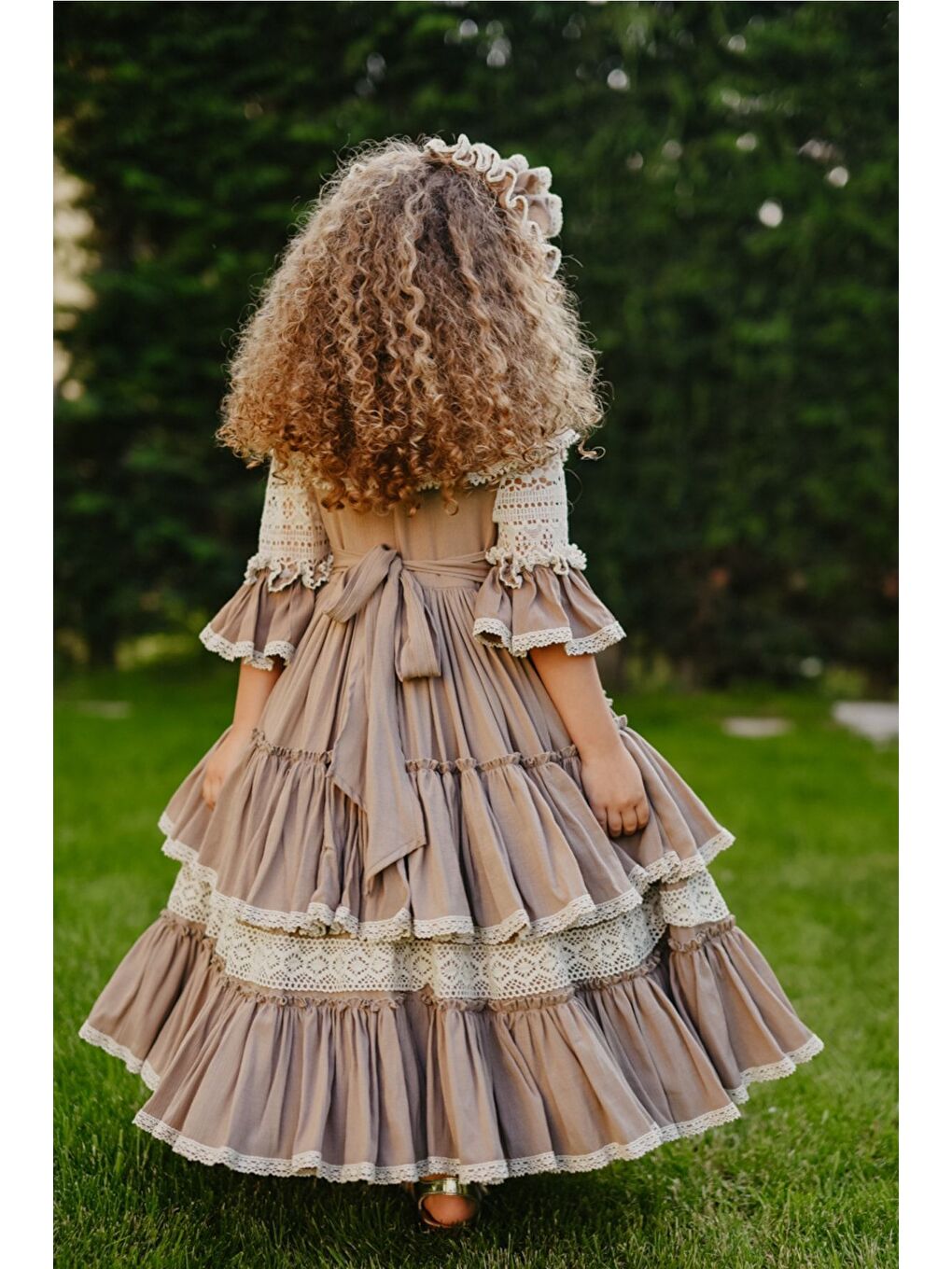 Bej Doğum Günü Kız Çocuk Saç Aksesuarlı Vintage Elbise-7