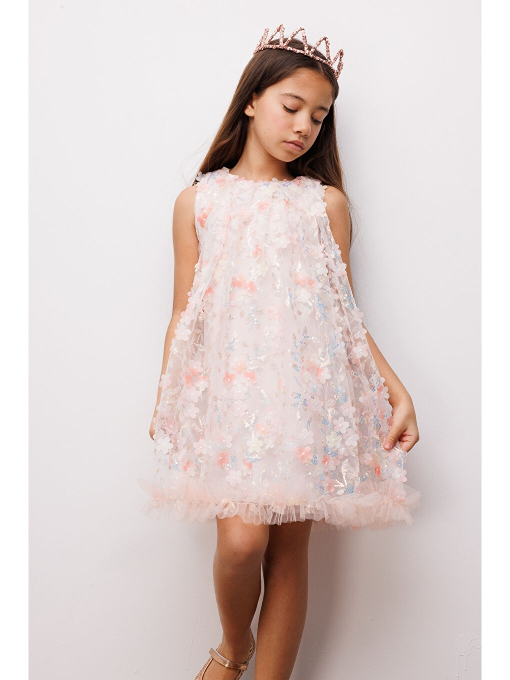 Pembe Somon Çiçek Kabartmalı Kız Çocuk Elbise - Ivory-1