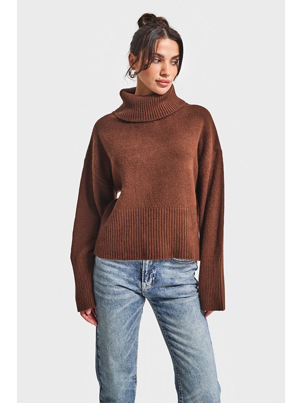 Kadın Kahverengi w5-16 Balıkçı Yaka Bol Kesim Örme Triko Kazak-3