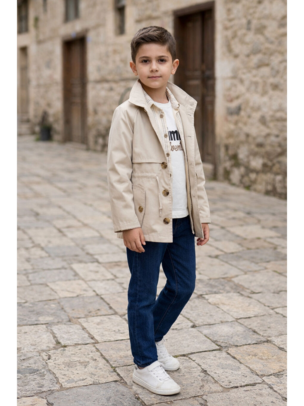 Ekru Erkek Çocuk Keten Trençkotlu Gömlek Tişört Pantolonlu Takım TKM7588-1