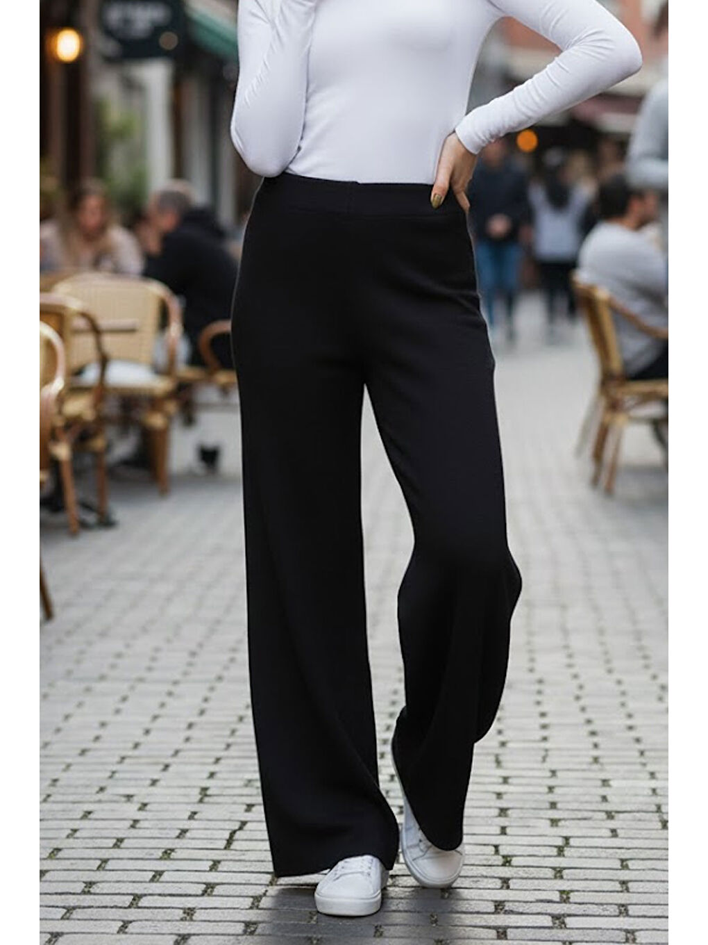 Siyah Fitilli Modal Bol Paça Yüksek Bel Yumuşak Dokulu Beli Lastikli Elastanlı Pantolon-2