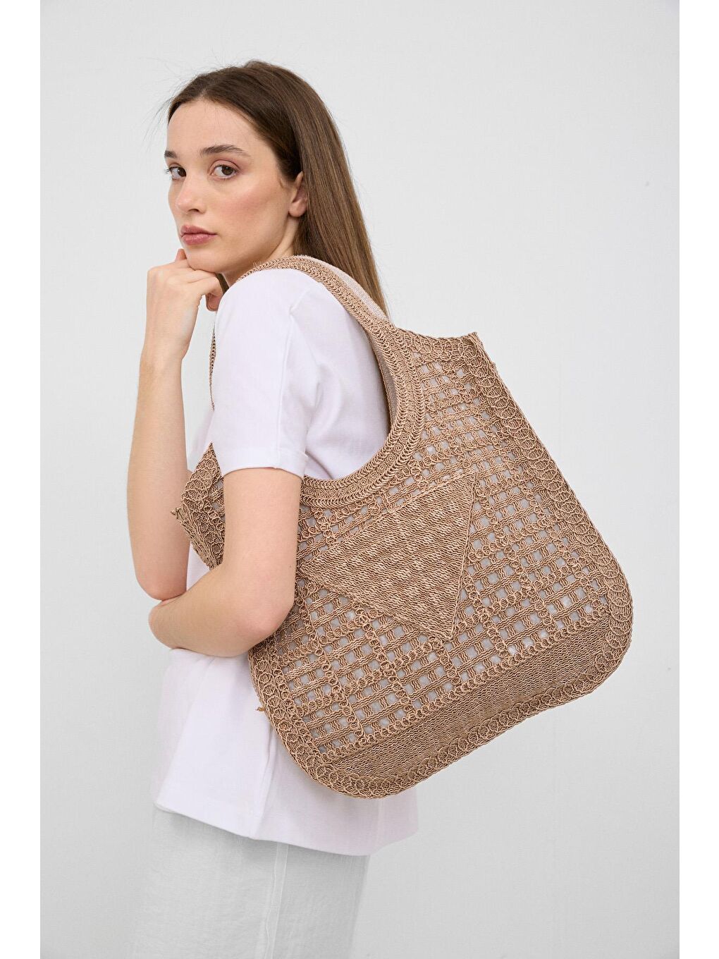 Bej Vicolo Handmade Makrome Tote Çanta Vizon-1