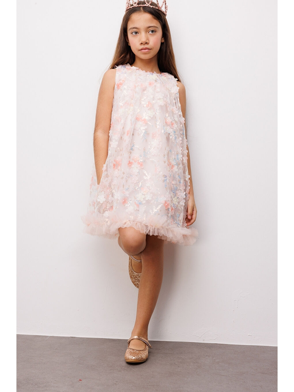 Pembe Somon Çiçek Kabartmalı Kız Çocuk Elbise - Ivory-2