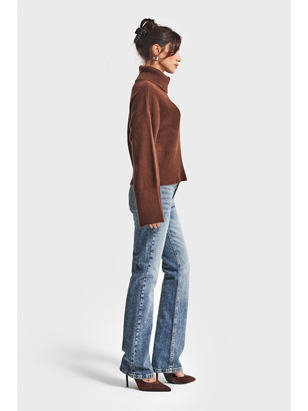 Kadın Kahverengi w5-16 Balıkçı Yaka Bol Kesim Örme Triko Kazak-4