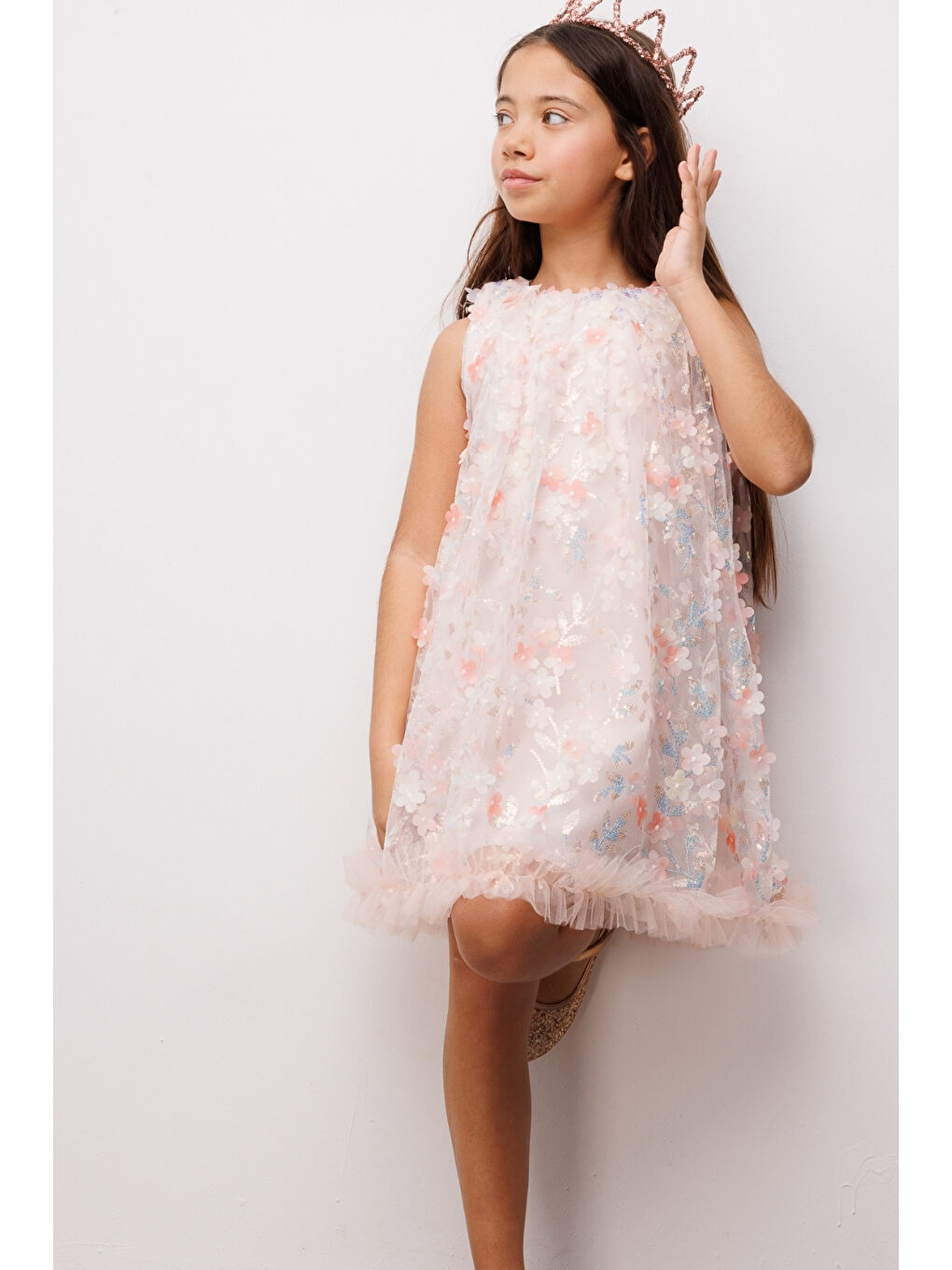 Pembe Somon Çiçek Kabartmalı Kız Çocuk Elbise - Ivory-3