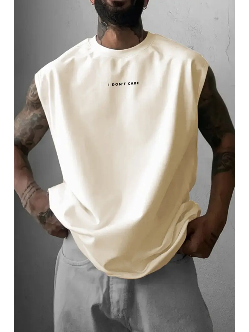 Ekru I Don't Care Baskılı Kolsuz Atlet tshirt Erkek Sıfır Kol Oversize T-SHİRT