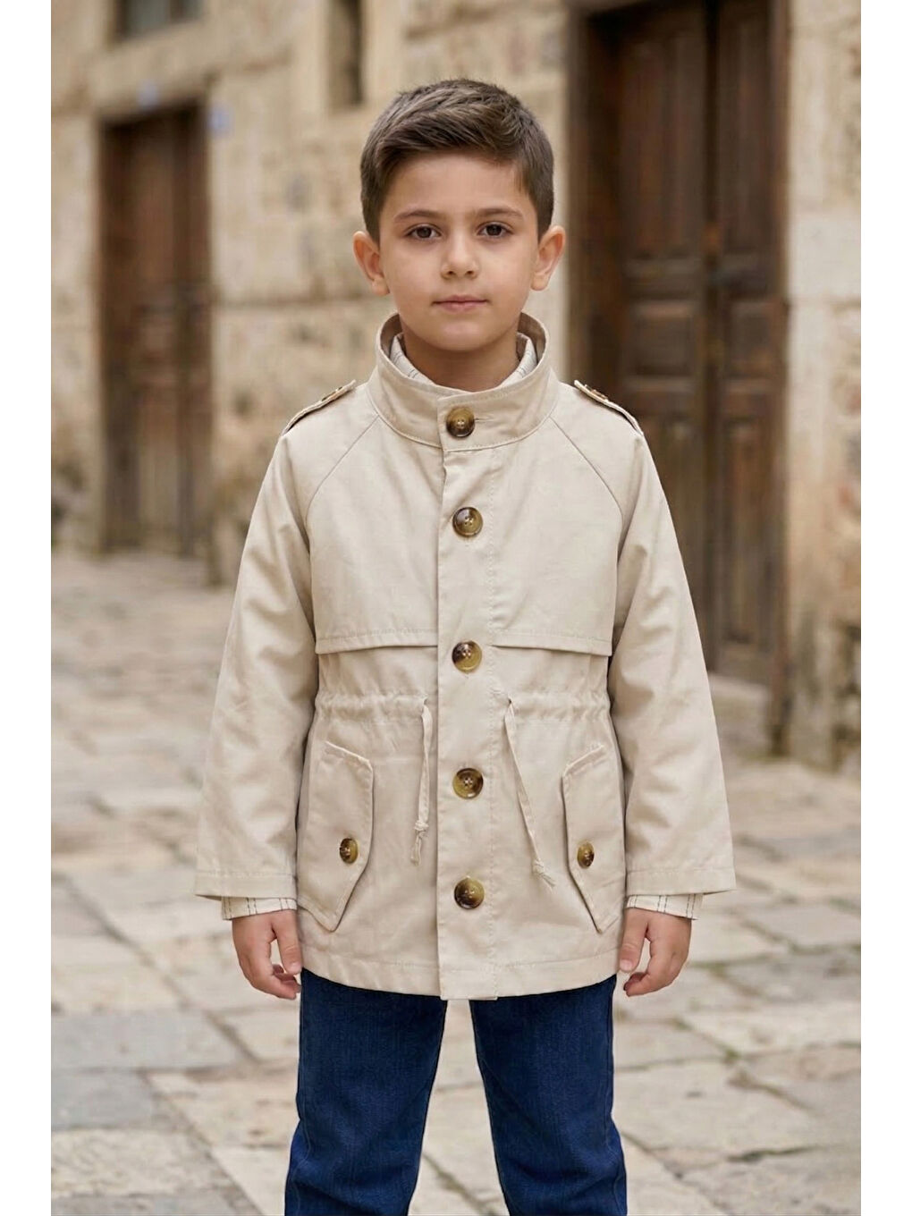 Ekru Erkek Çocuk Keten Trençkotlu Gömlek Tişört Pantolonlu Takım TKM7588-2